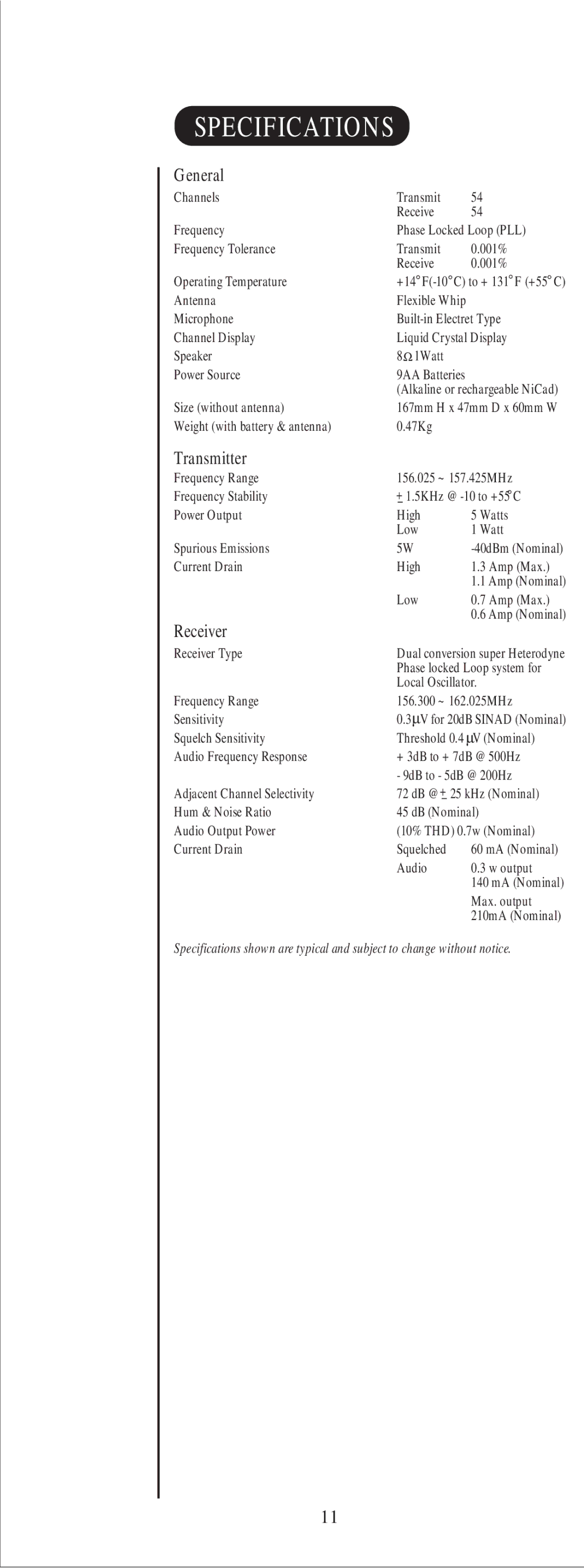 Uniden HH955 manual Specifications, General 