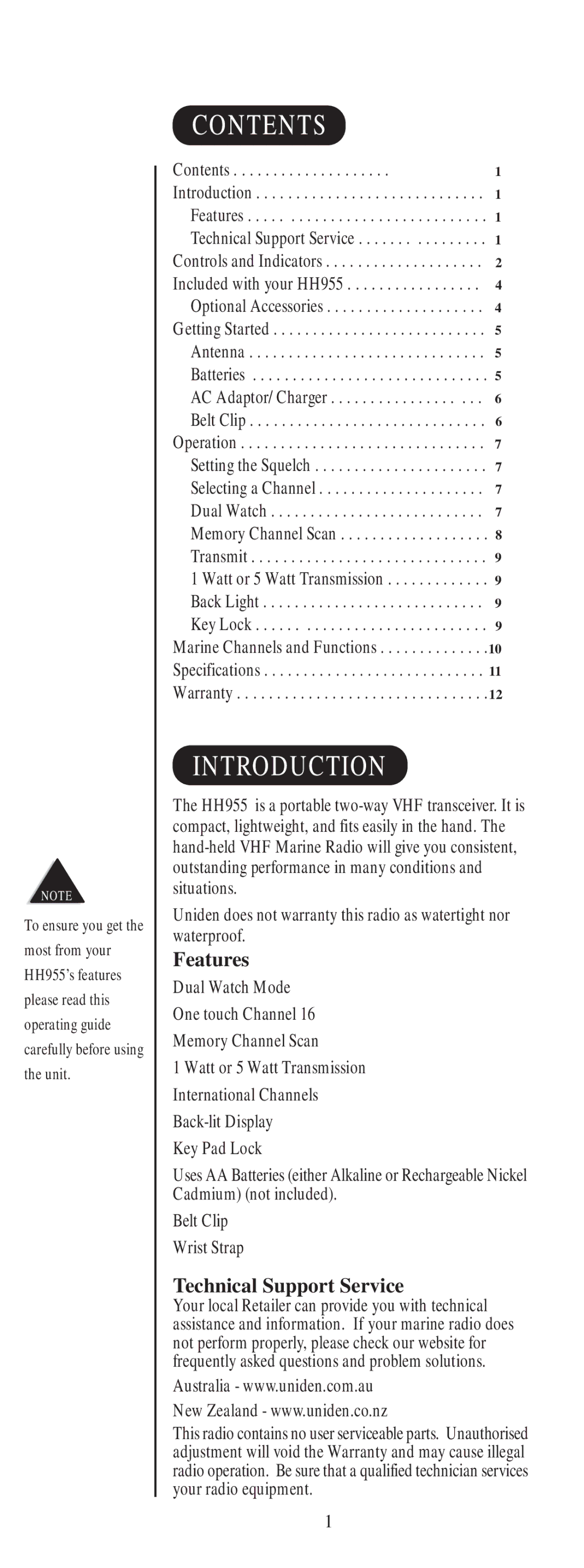 Uniden HH955 manual Contents, Introduction 