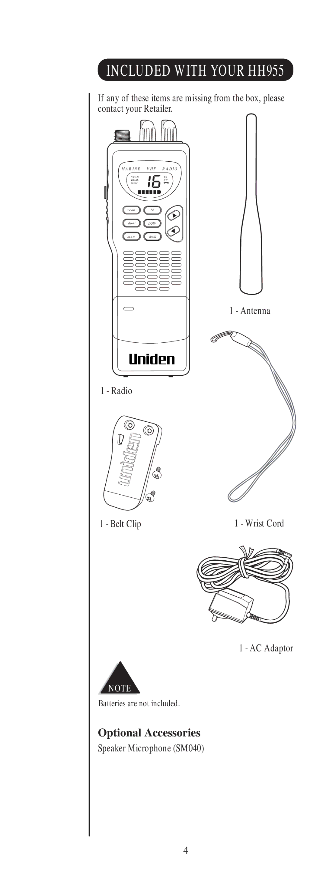 Uniden HH955 manual Optional Accessories, Antenna Radio Belt Clip, AC Adaptor, Speaker Microphone SM040 
