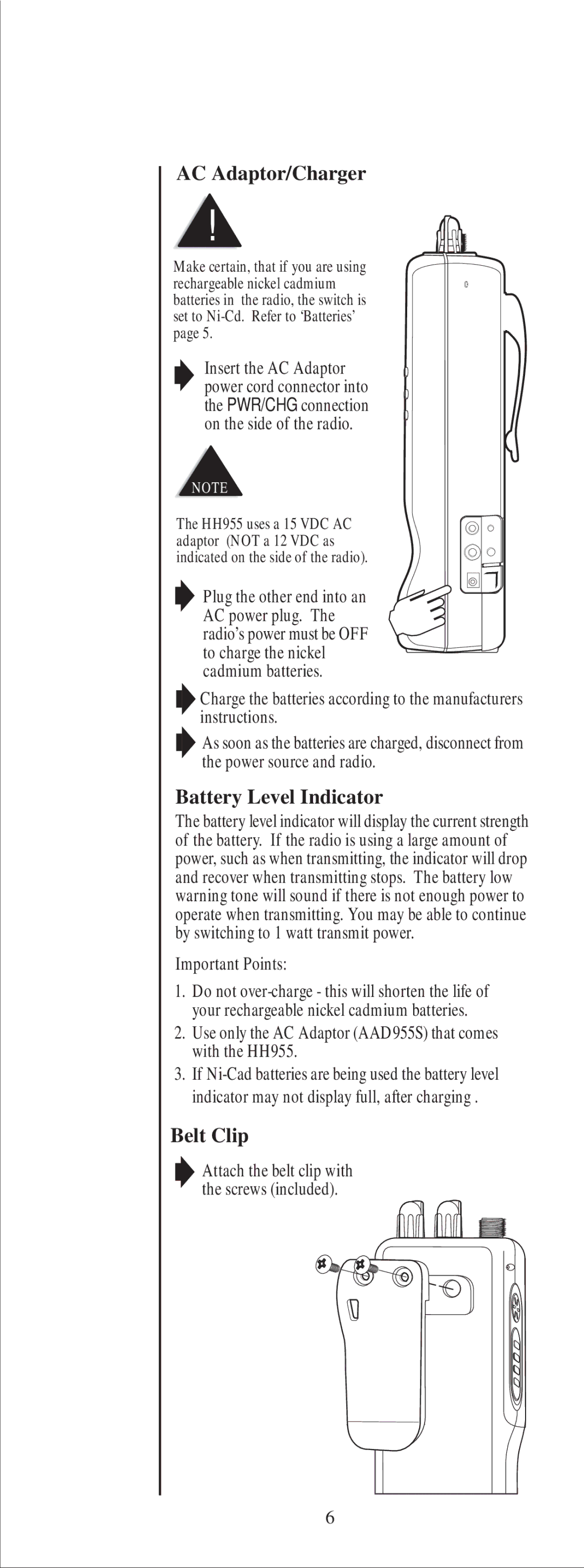 Uniden HH955 manual AC Adaptor/Charger, Battery Level Indicator, Belt Clip 