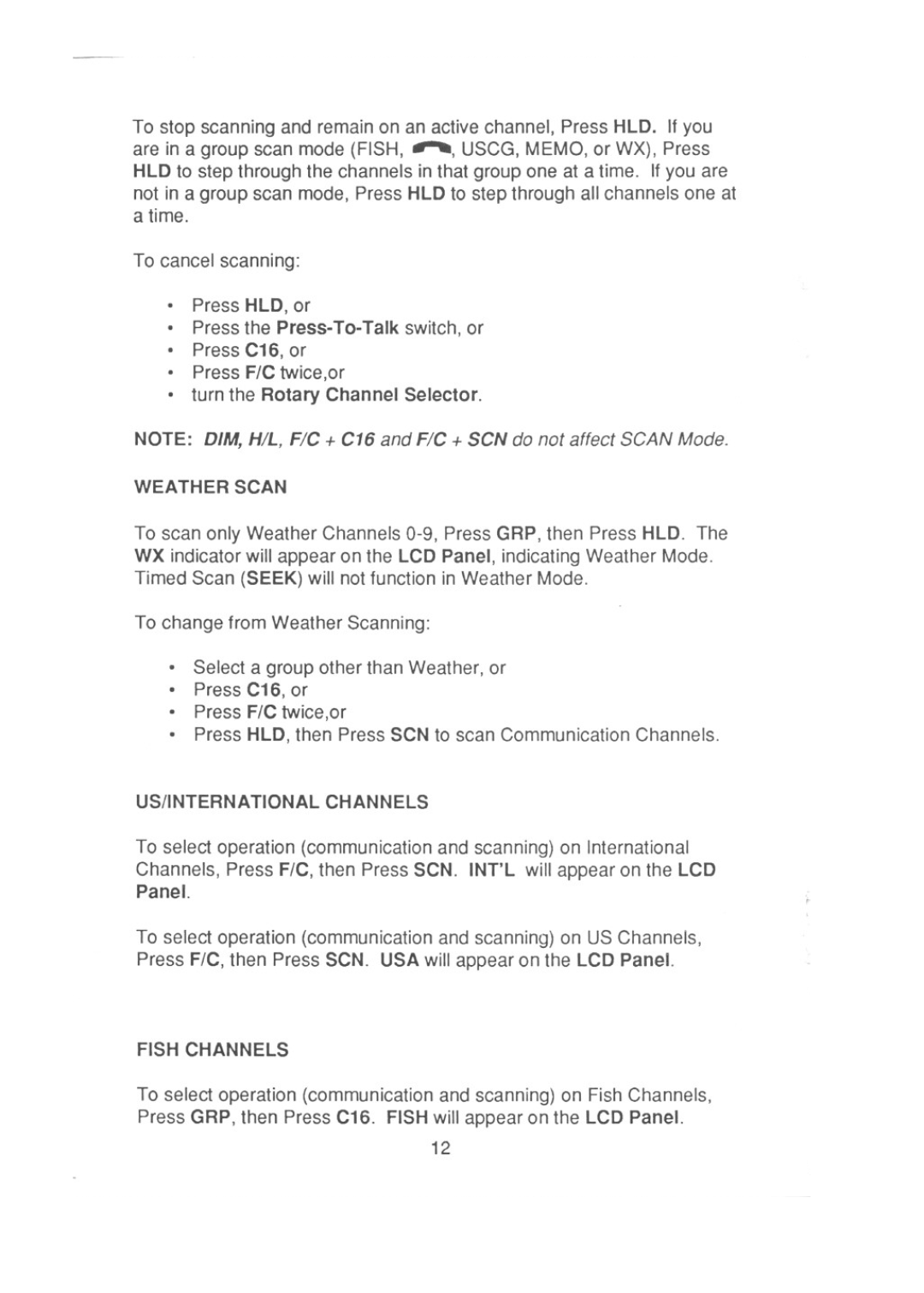 Uniden LTD 950 manual Weather Scan, Usiinternational Channels, Fish Channels 