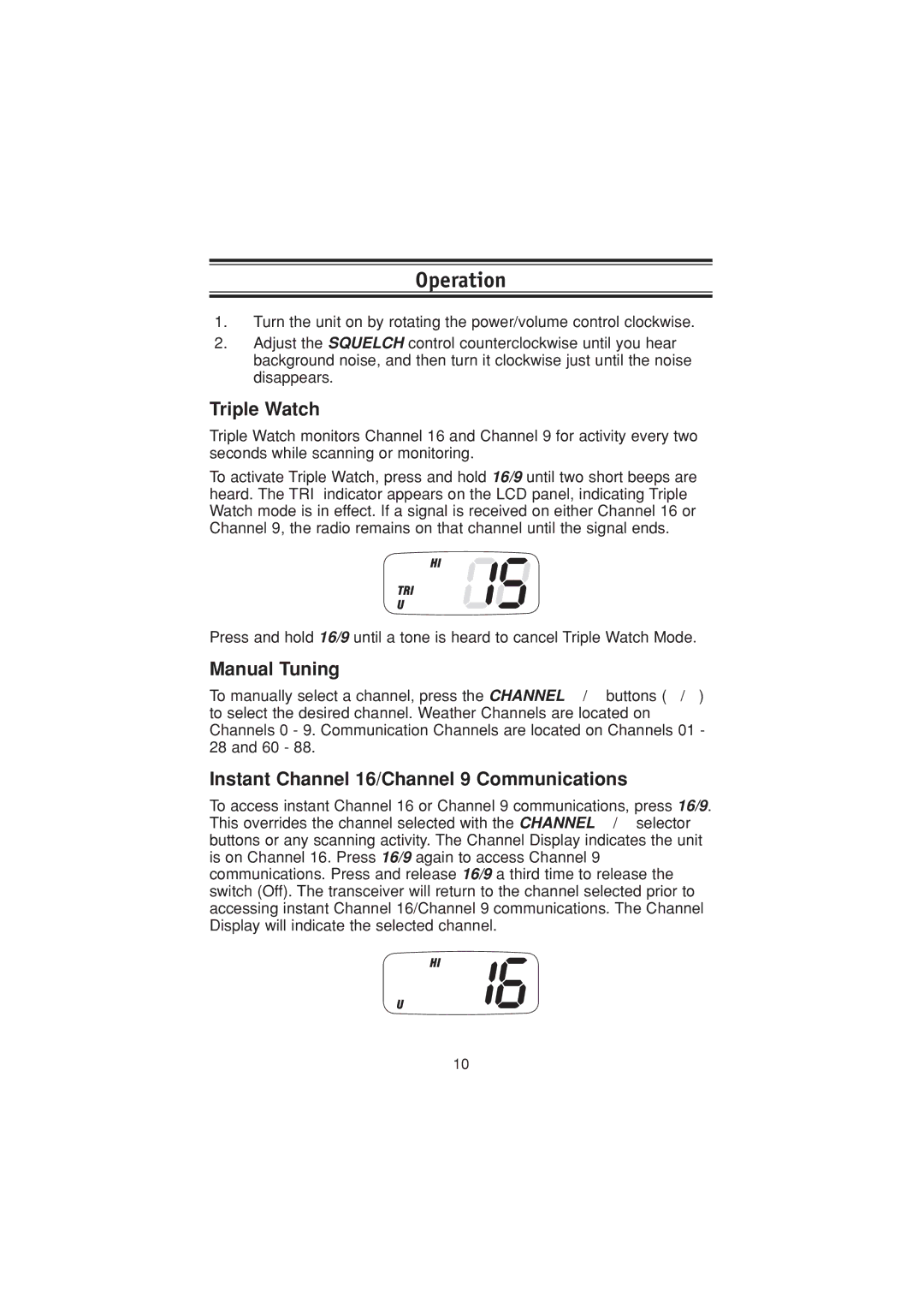 Uniden Marine Radio manual Operation, Triple Watch, Manual Tuning, Instant Channel 16/Channel 9 Communications 