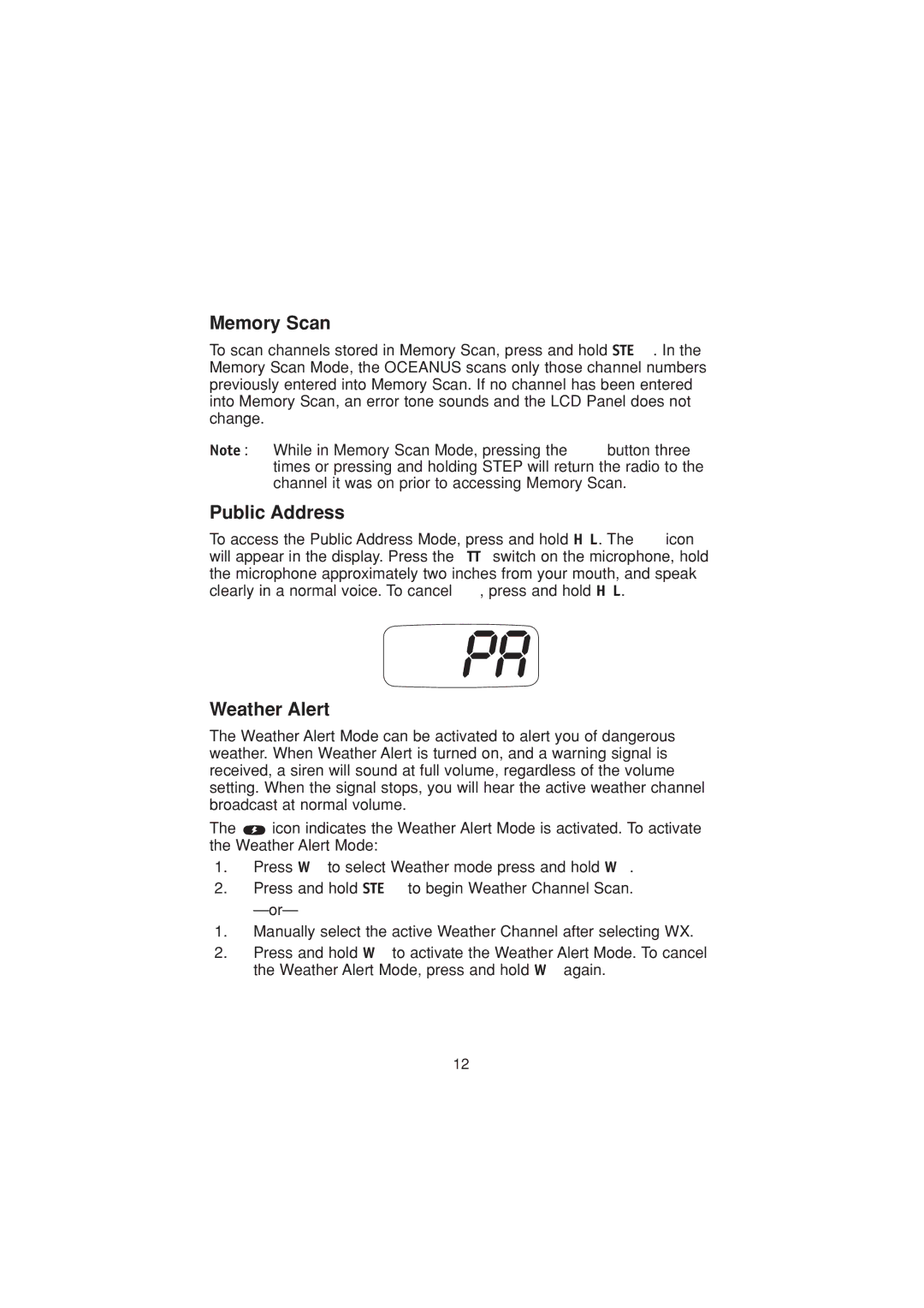 Uniden Marine Radio manual Memory Scan, Public Address, Weather Alert 