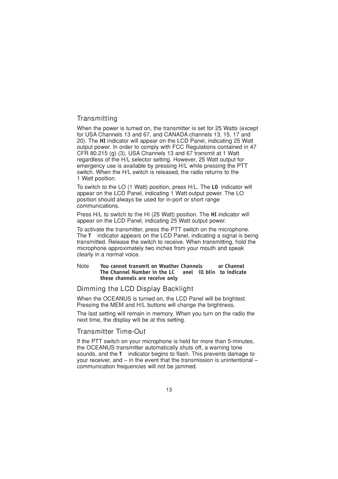 Uniden Marine Radio manual Transmitting, Dimming the LCD Display Backlight, Transmitter Time-Out 