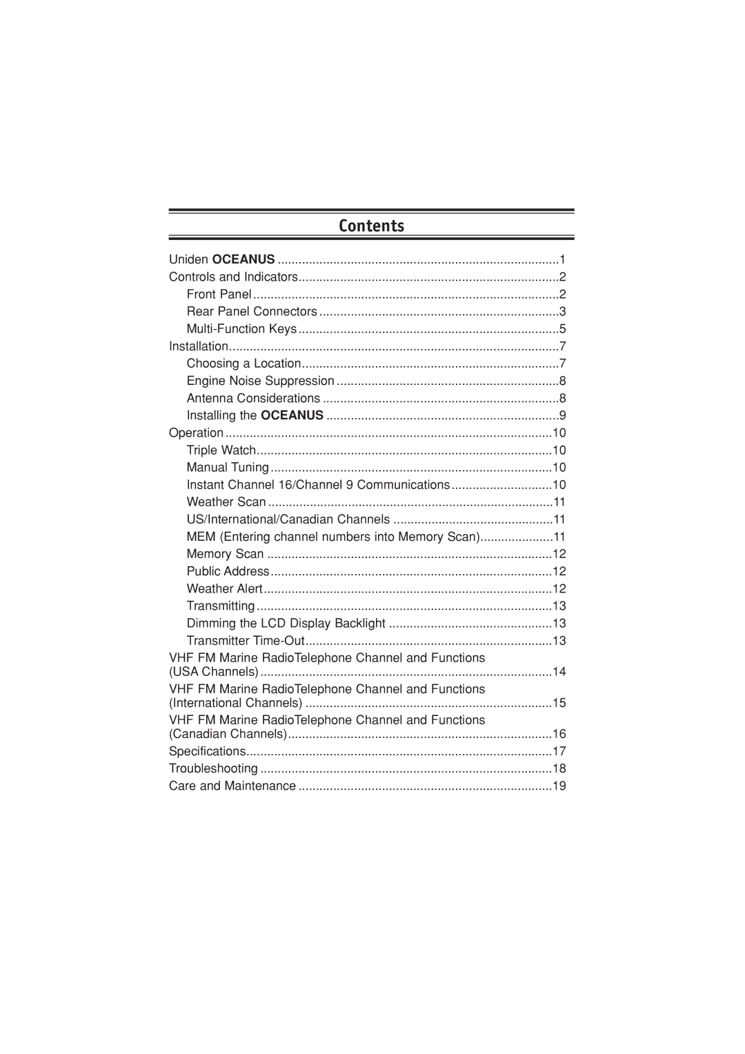 Uniden Marine Radio manual Contents 