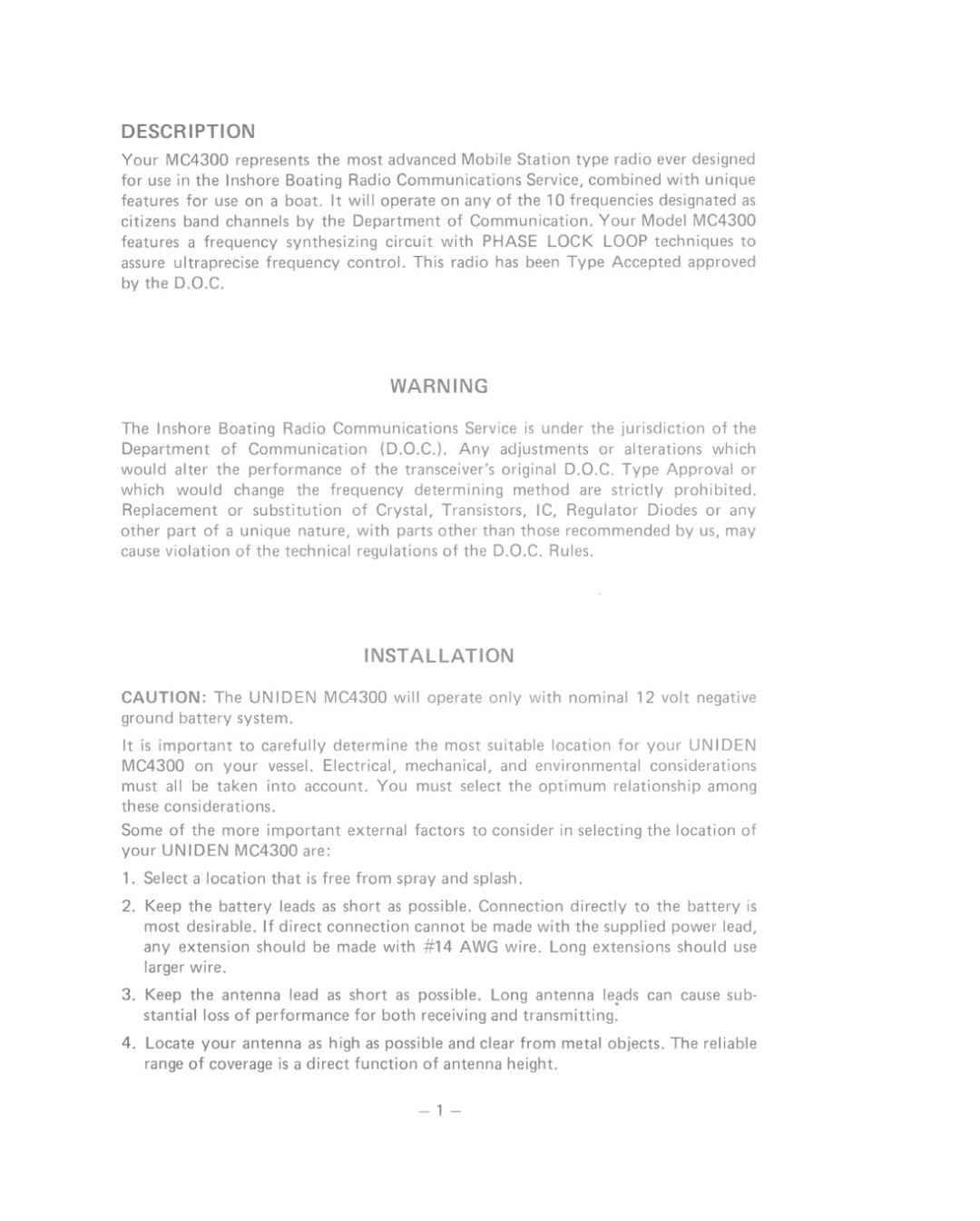 Uniden MC-4300 manual Description, INSTAllATION 