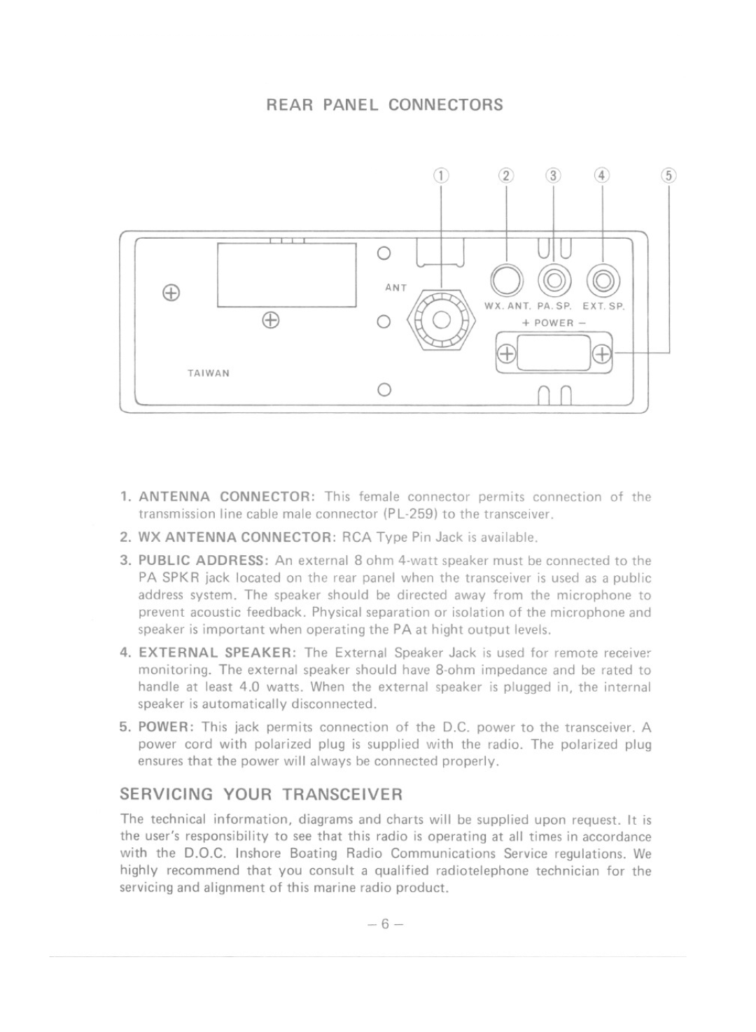 Uniden MC-4300 manual Rear Panel Connectors, Servicing Your Transceiver 