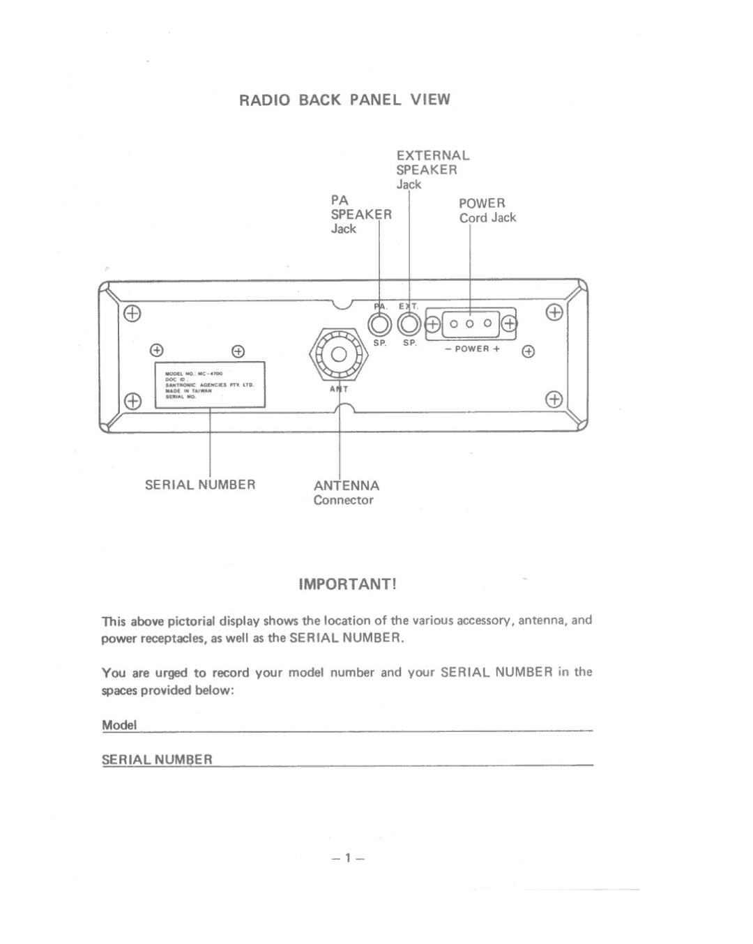 Uniden MC-4700 manual Radio Back Panel View 