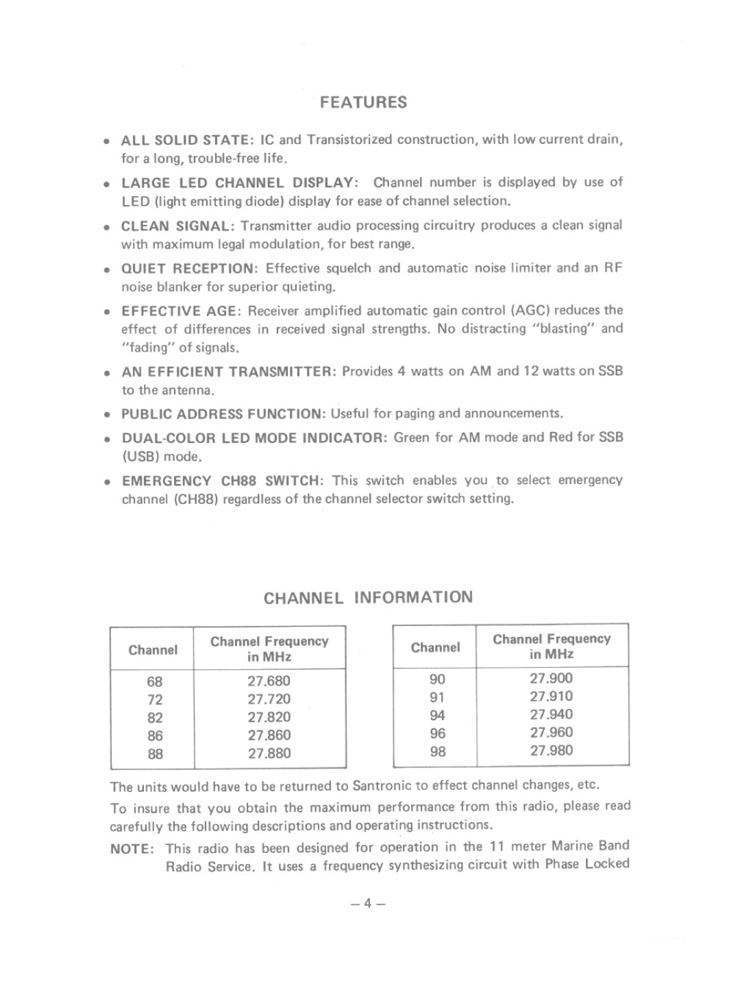 Uniden MC-4700 manual Features, Channel Information 