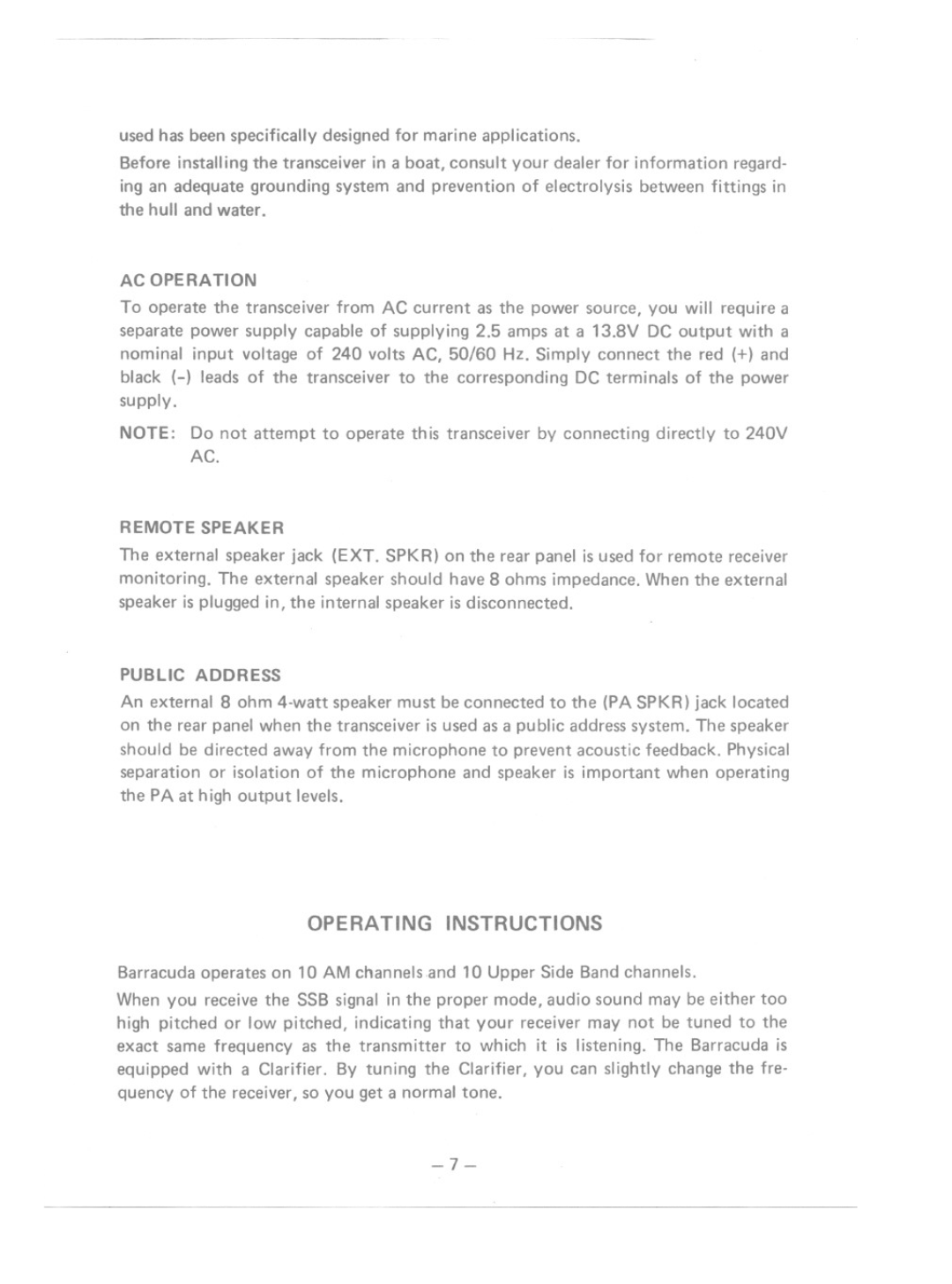 Uniden MC-4700 manual Operating Instructions, AC Operation, Remote Speaker 