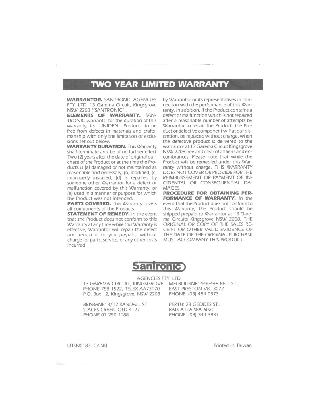 Uniden MC 610 owner manual TWO Year Limited Warranty 