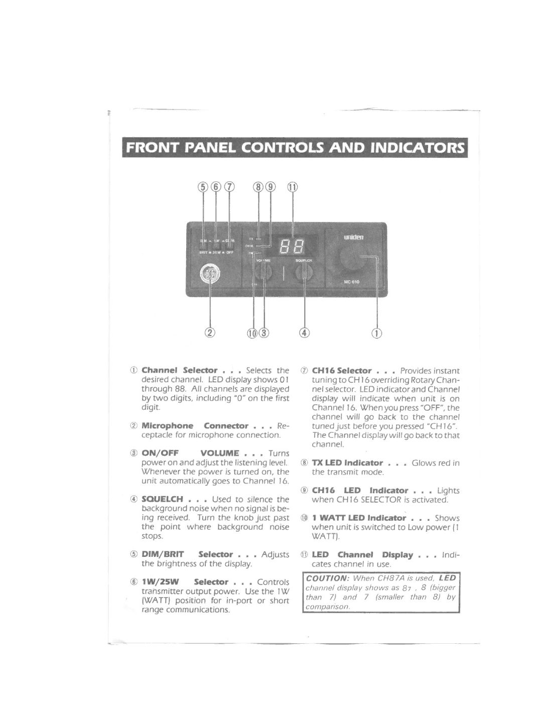 Uniden MC 610 owner manual CDChannel Selector. . . Selectsthe 