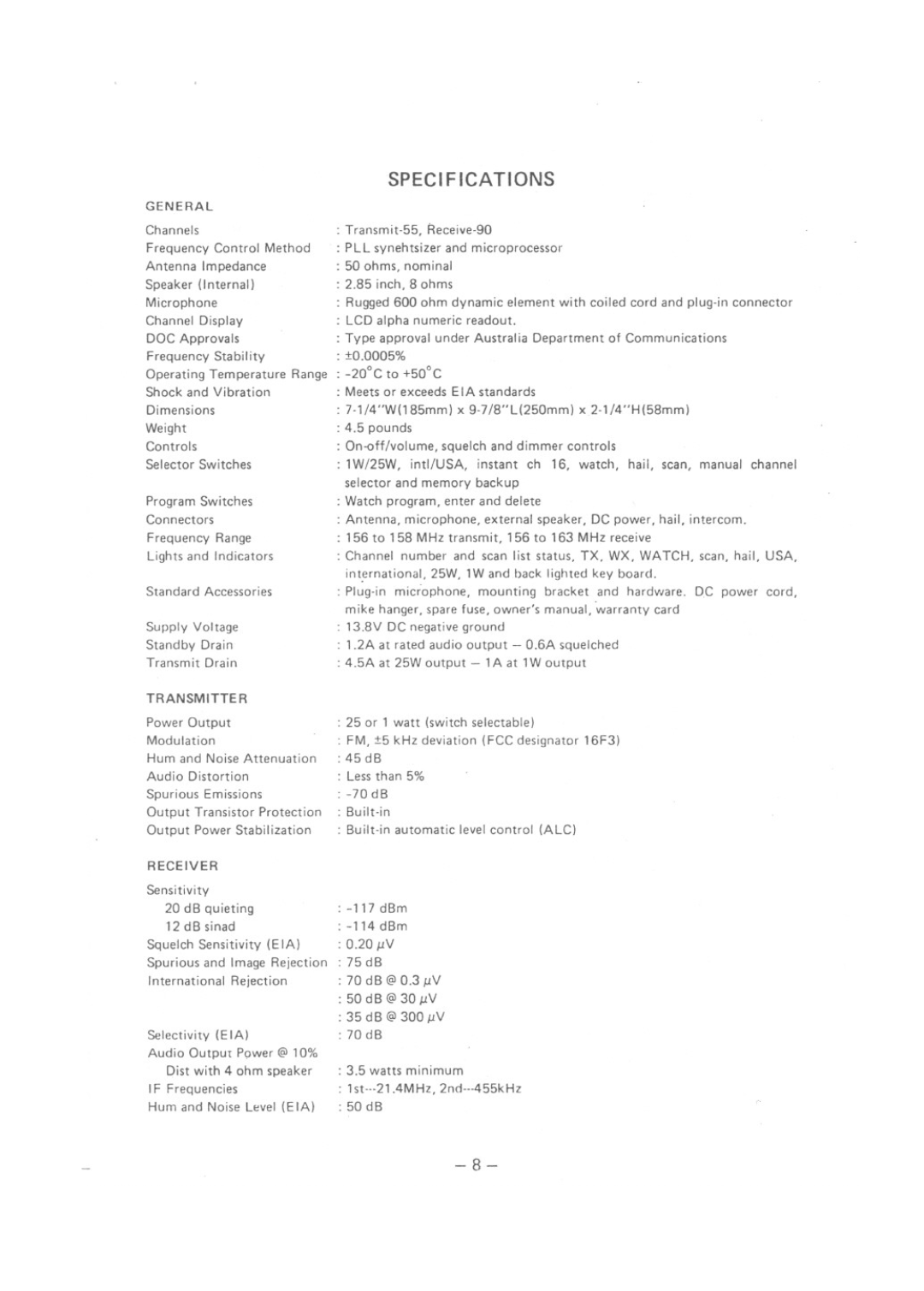 Uniden MC 724 owner manual Specifications, General 