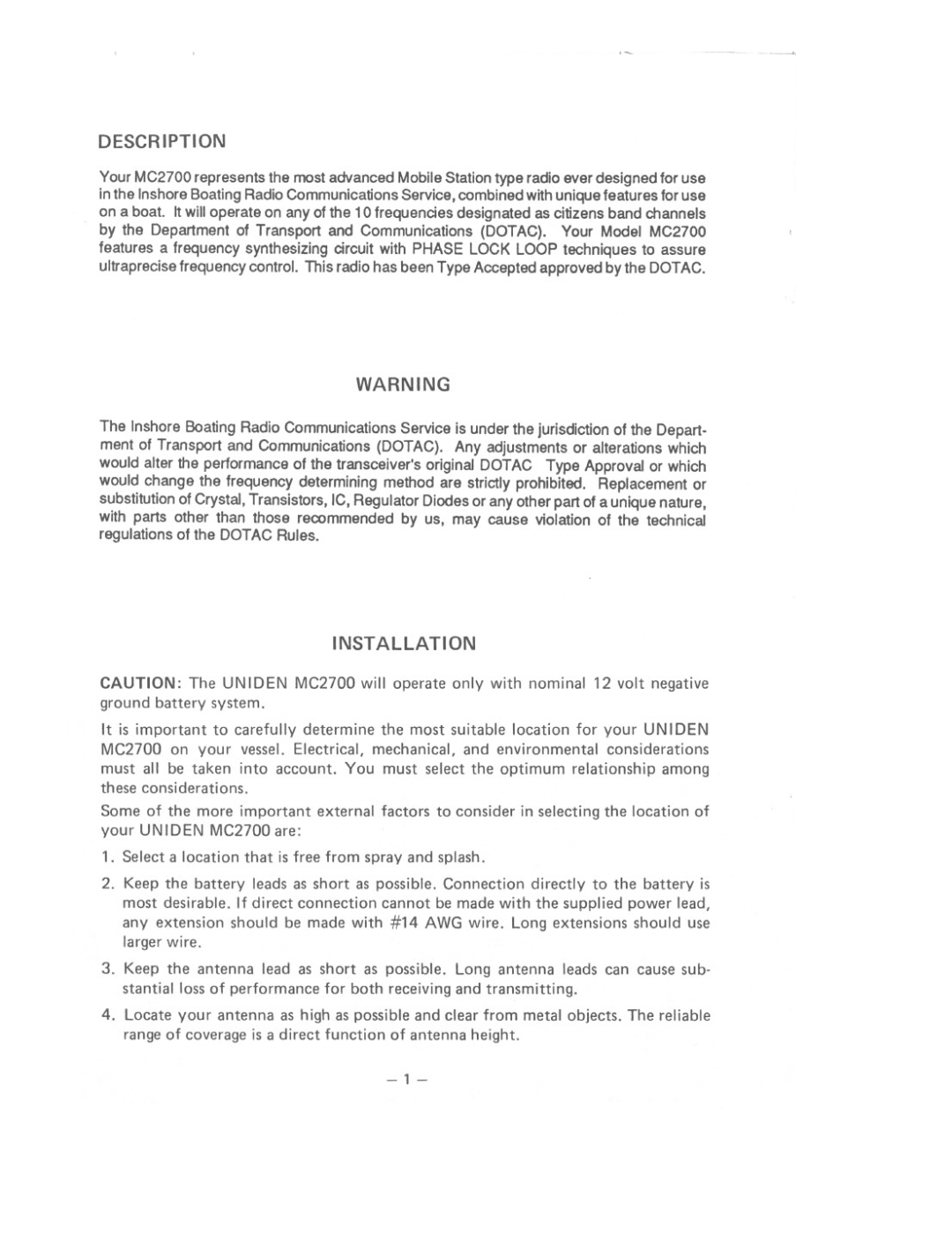 Uniden MC2700 manual INSTAllATION, Description 