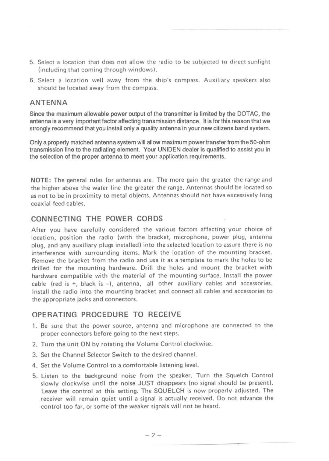 Uniden MC2700 manual Operating Procedure To Receive, Antenna, Connecting The Power Cords 
