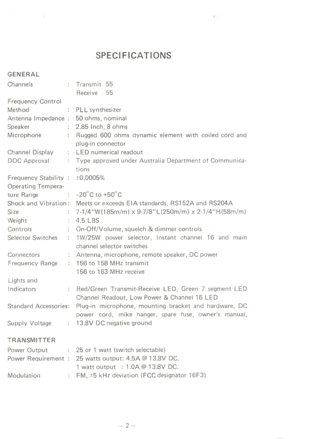 Uniden MC480 owner manual Specifications 