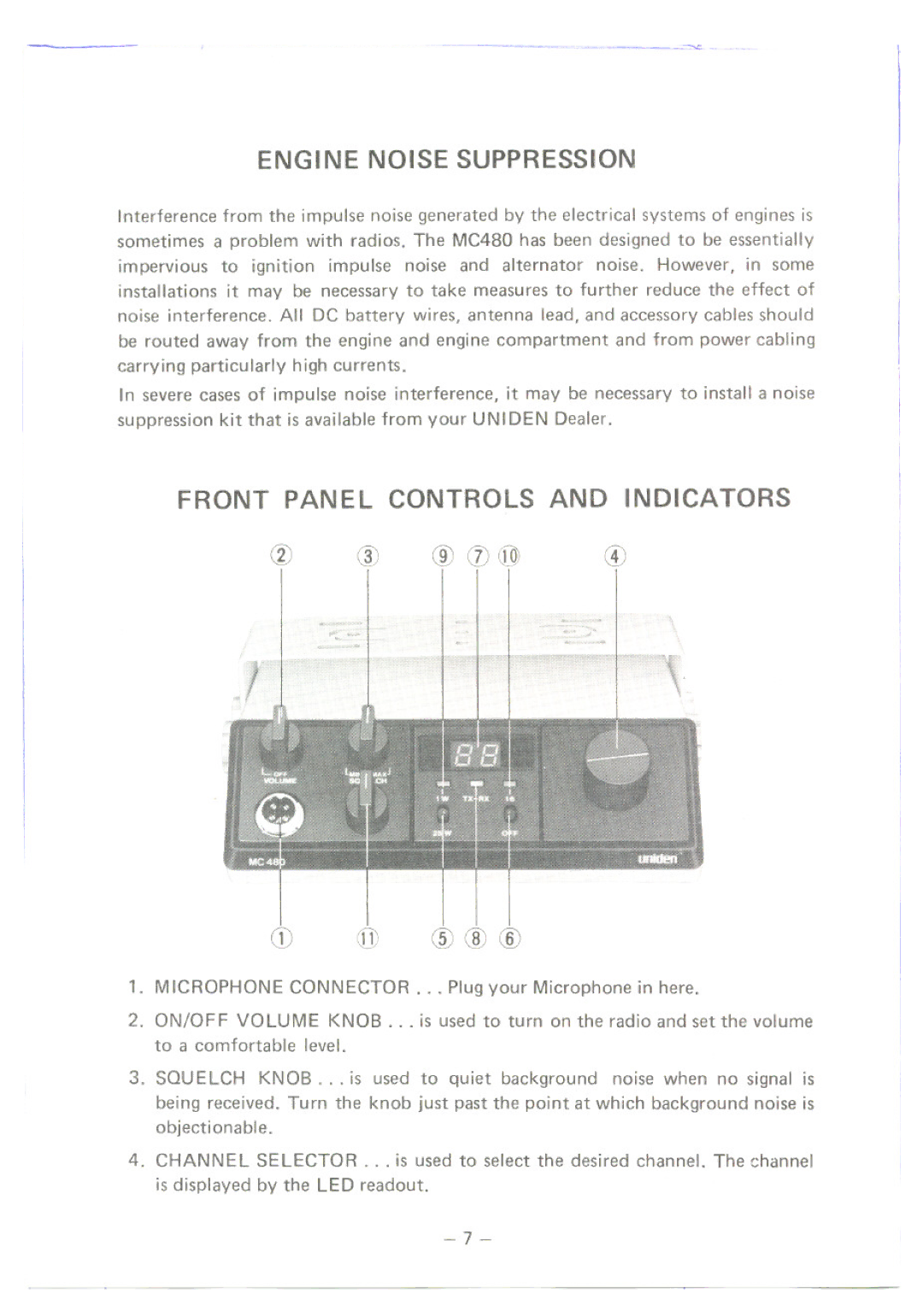 Uniden MC480 owner manual Engine Noise Suppression, Front Panel Controls and Indicators 