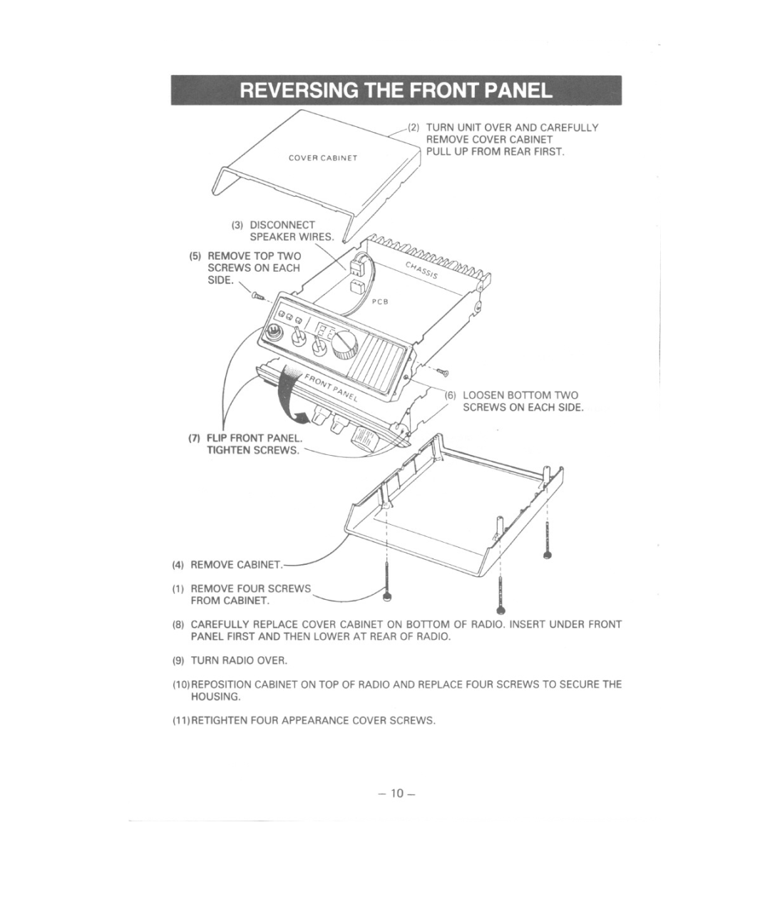 Uniden MC615 owner manual Reversing the Front Panel 