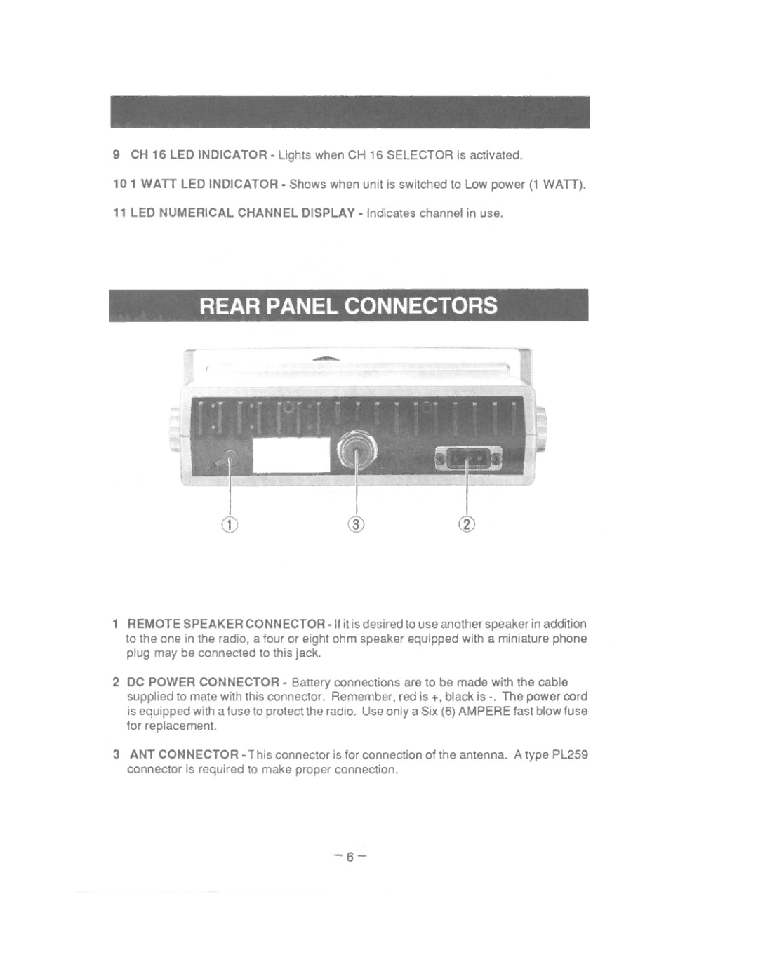 Uniden MC615 owner manual Rear Panel Connectors, CH 16 LED Indicator -lightswhen CH 16 Selector is activated, Cd@Cid 