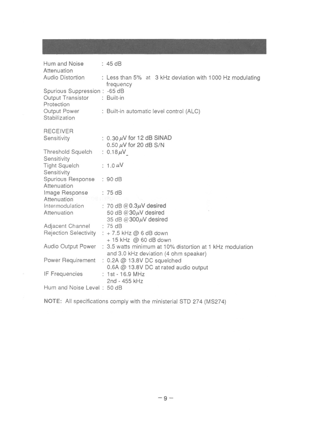 Uniden MC615 owner manual 45dB, PV for 12 dB Sinad 0.50pV for 20 dB SIN 18,uV 0uV 90dB, Receiver 