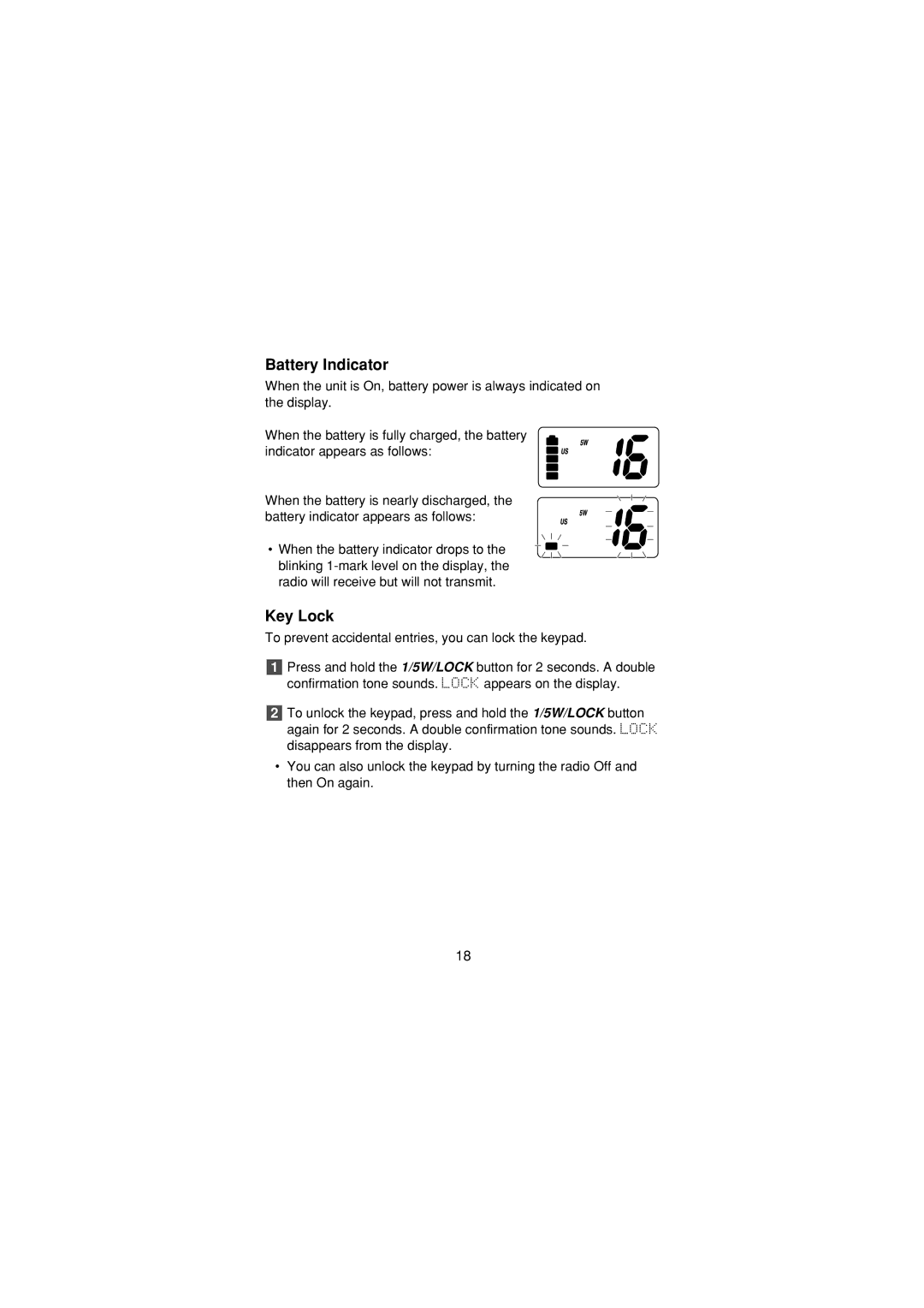 Uniden MH120 manual Battery Indicator, Key Lock 