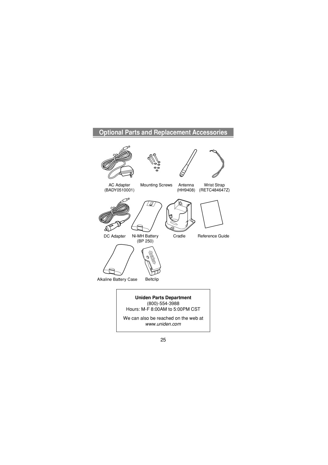 Uniden MH120 manual Optional Parts and Replacement Accessories 