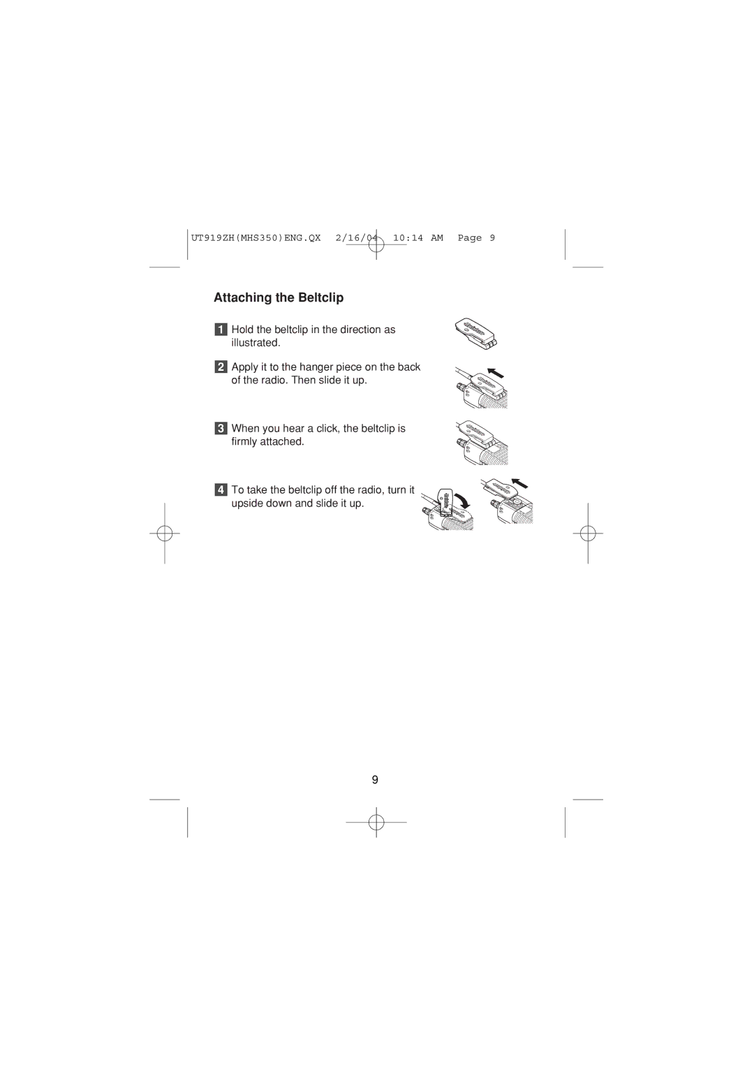 Uniden MHS 350 manual Attaching the Beltclip 
