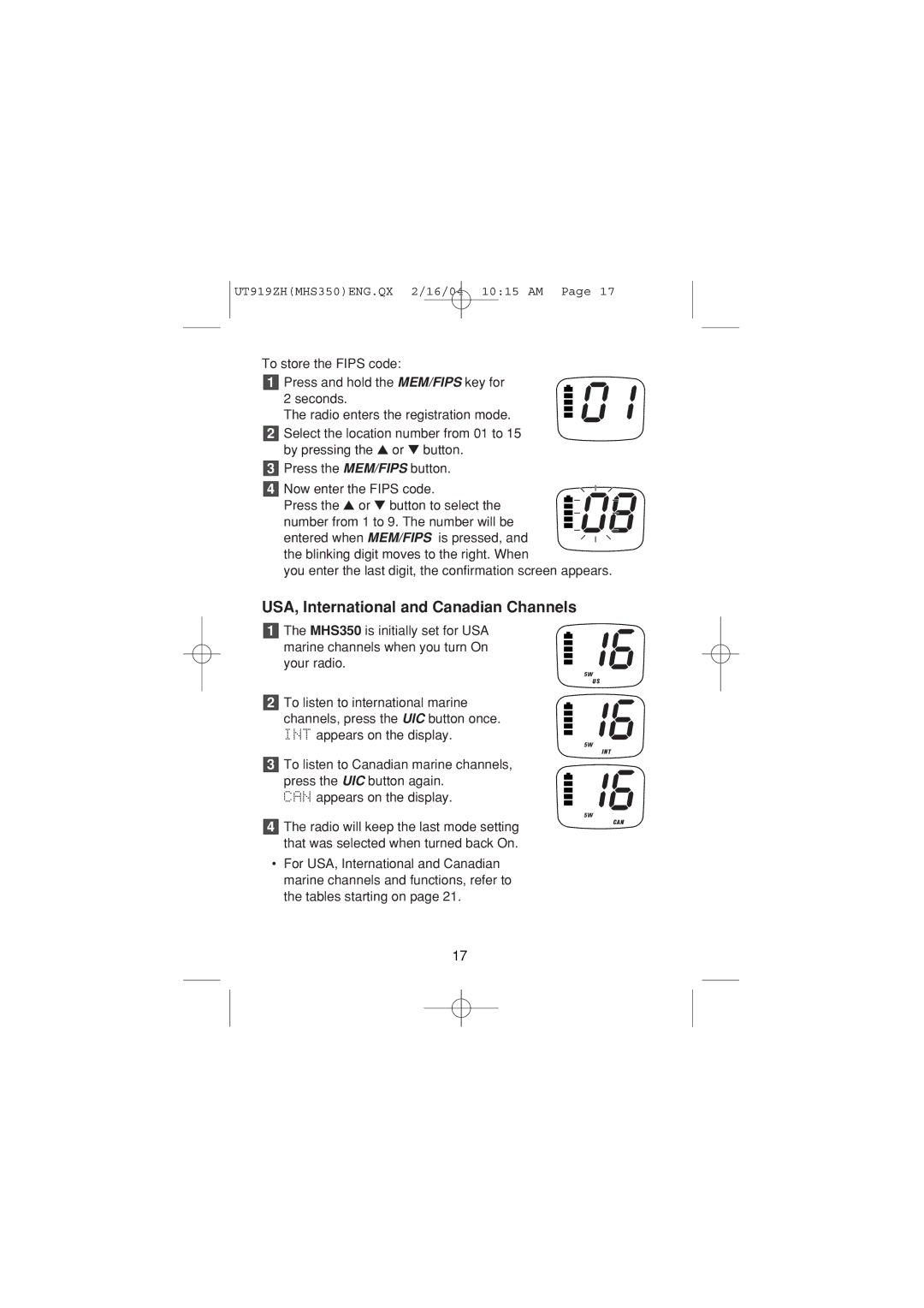 Uniden MHS 350 manual USA, International and Canadian Channels 