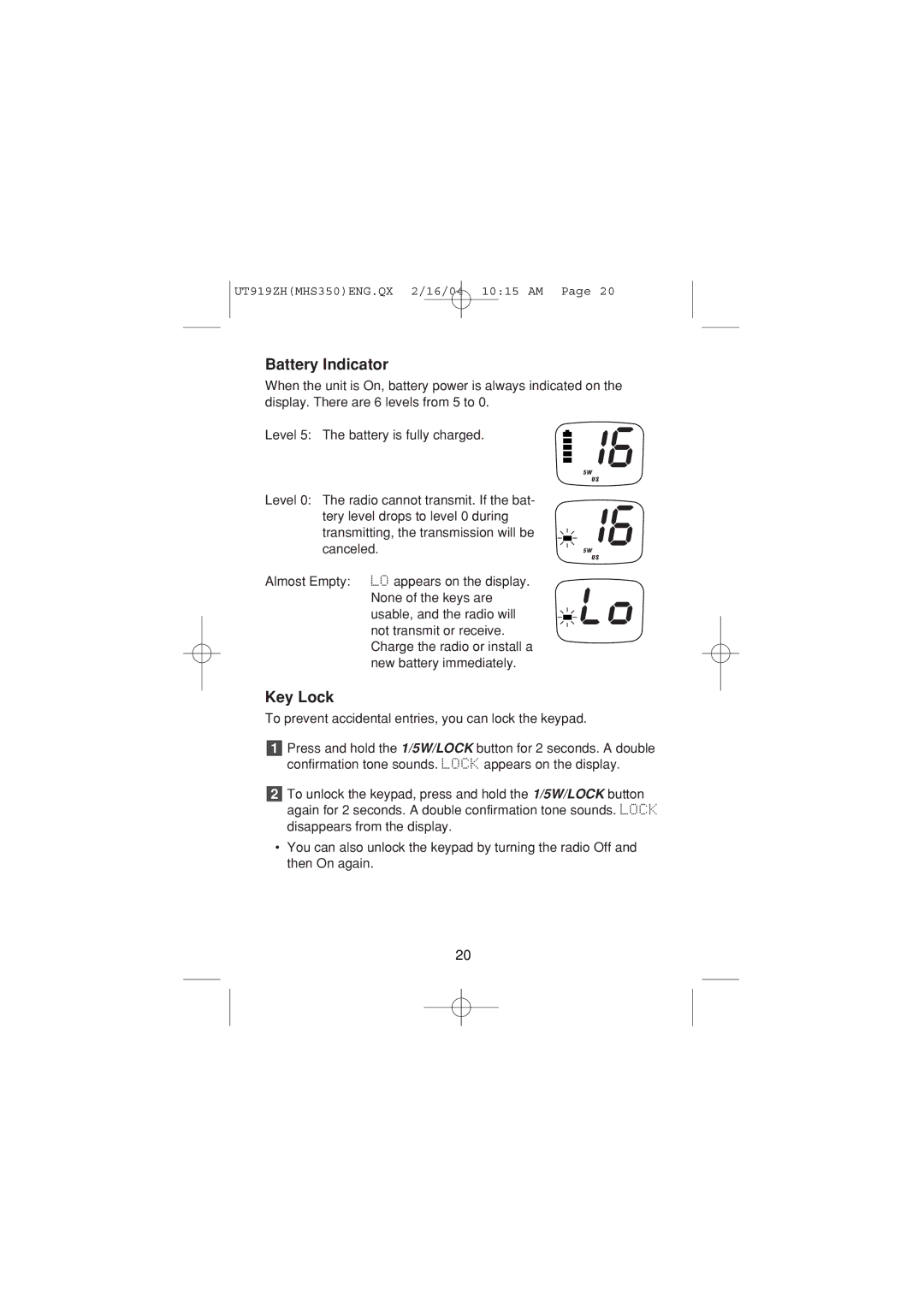 Uniden MHS 350 manual Battery Indicator, Key Lock 