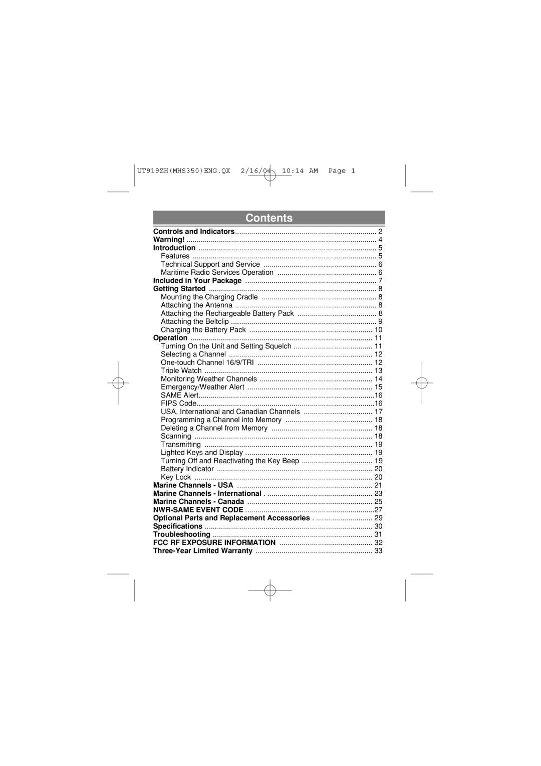 Uniden MHS 350 manual Contents 