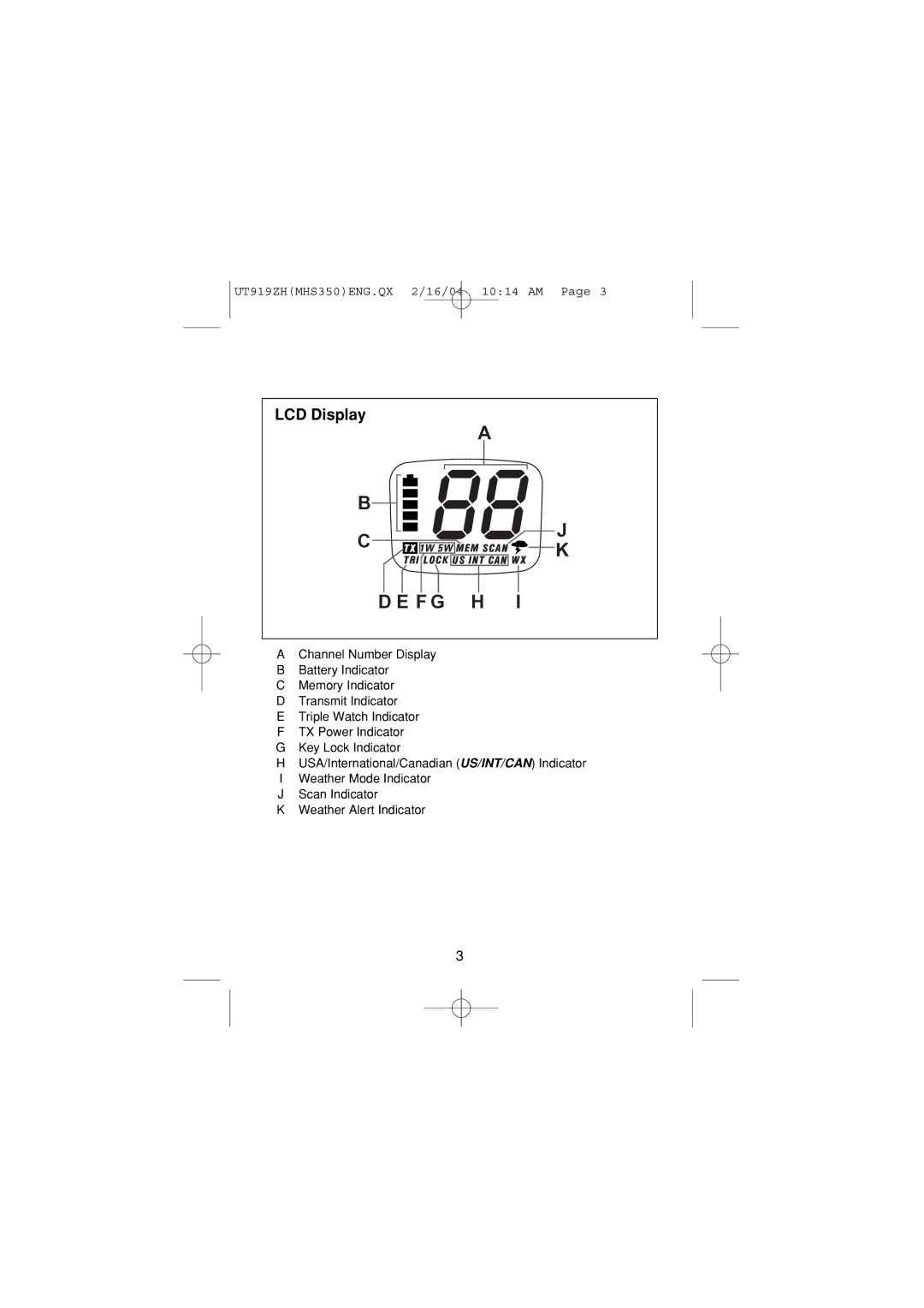 Uniden MHS 350 manual F G H, LCD Display 