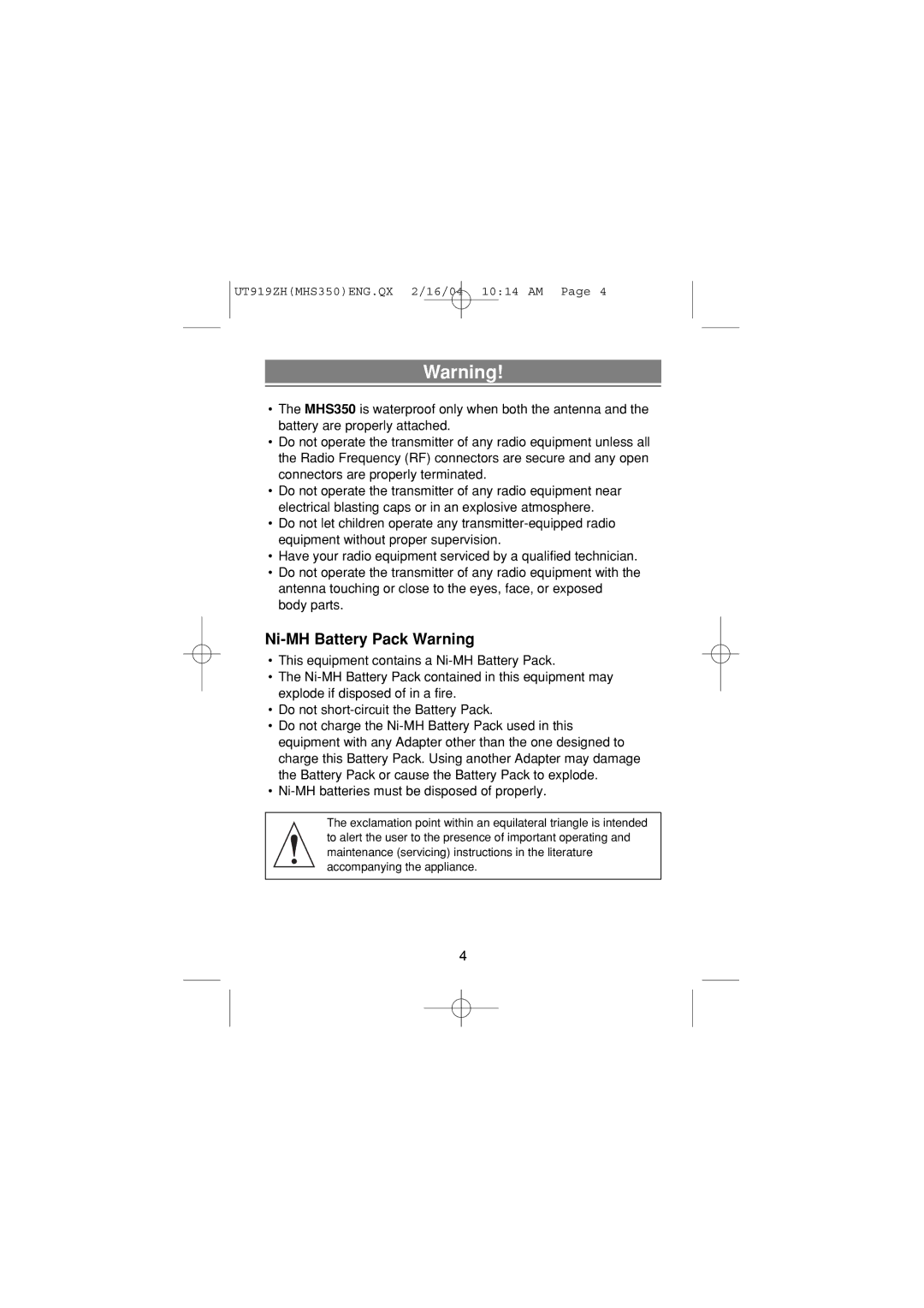 Uniden MHS 350 manual Ni-MH Battery Pack Warning 