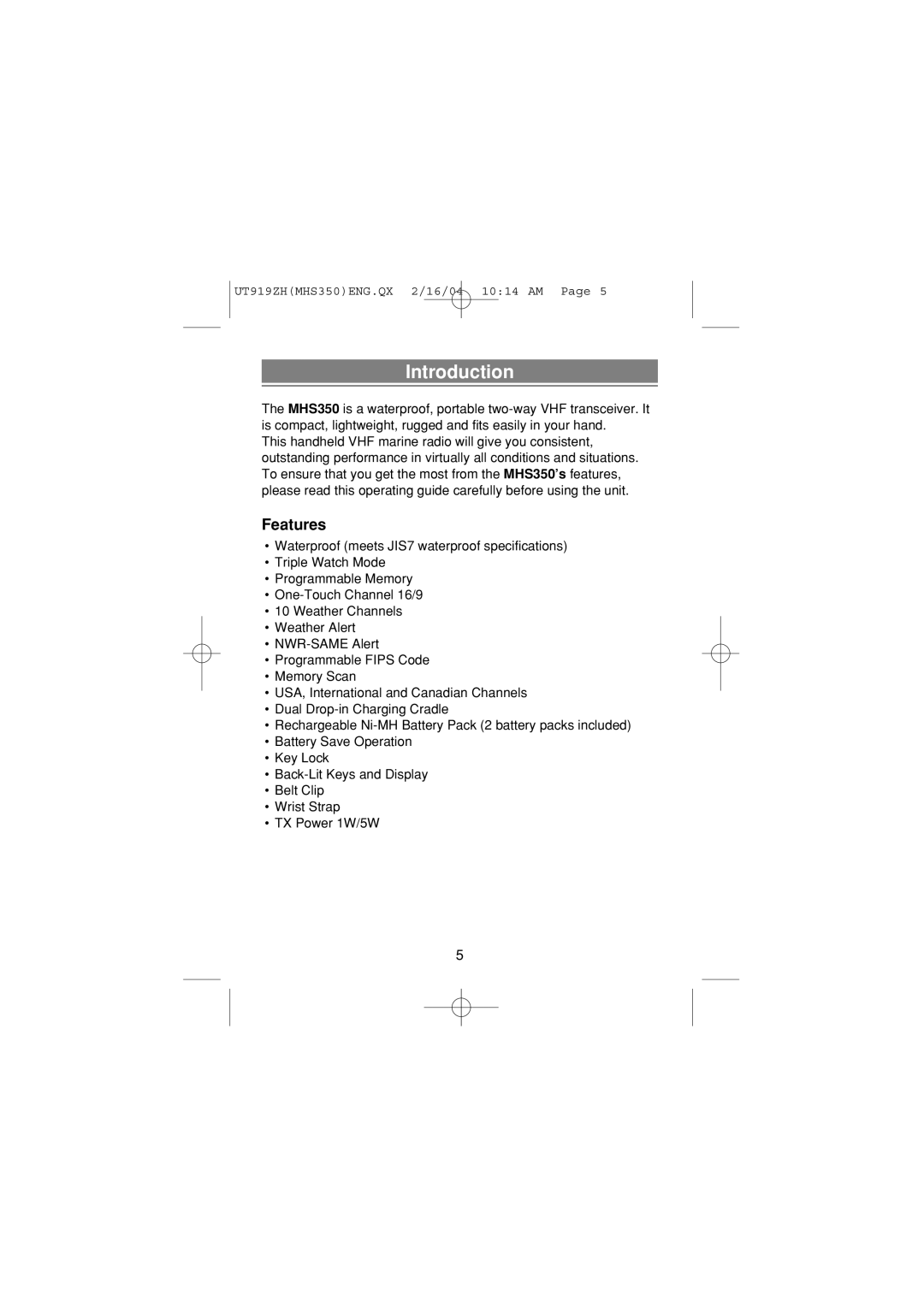 Uniden MHS 350 manual Introduction, Features 