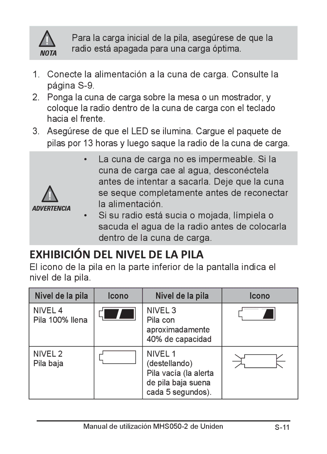 Uniden MHS050-2 owner manual Exhibición DEL Nivel DE LA Pila, Nivel de la pila Icono 