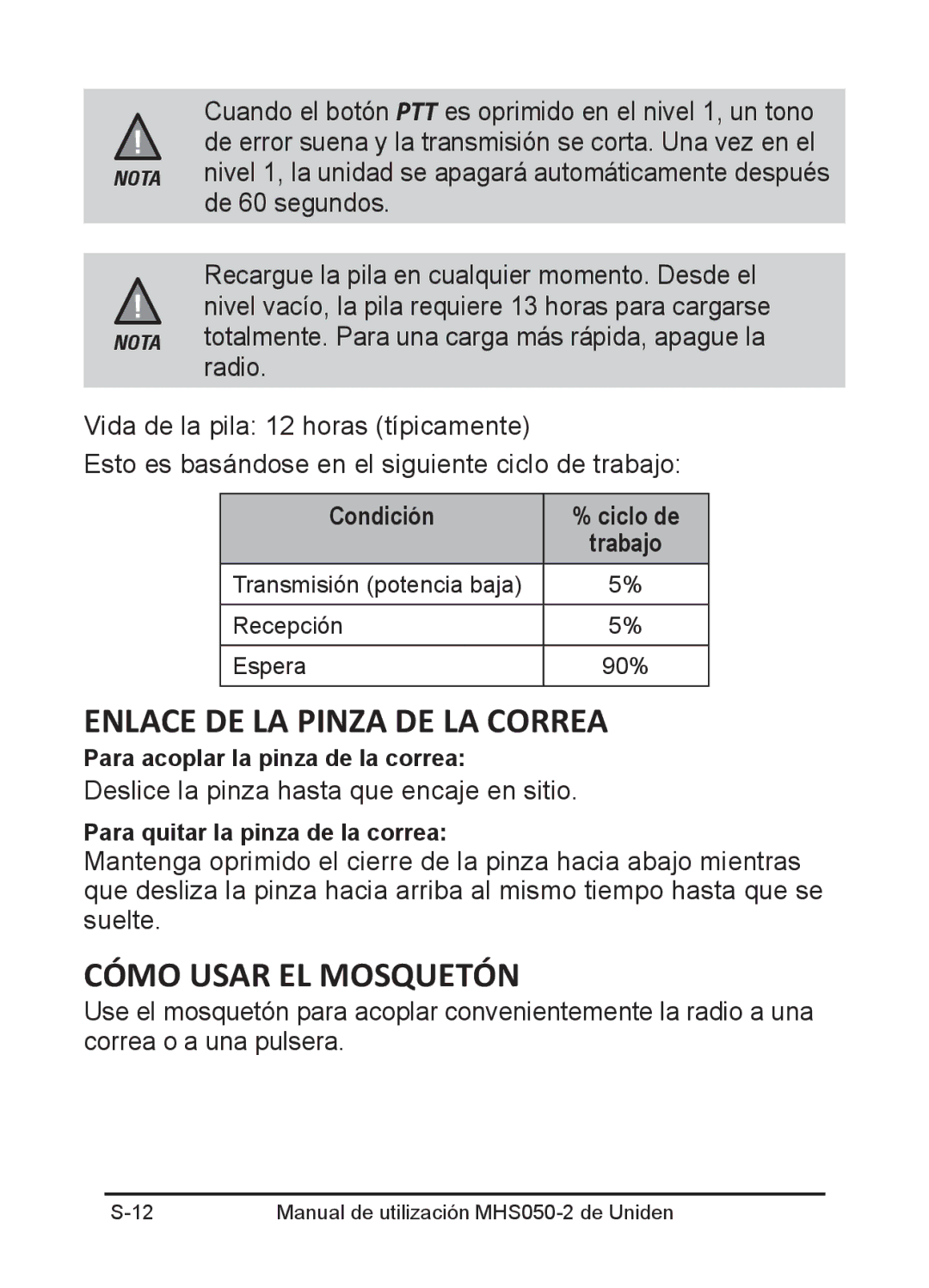 Uniden MHS050-2 owner manual Enlace DE LA Pinza DE LA Correa, Cómo usar el mosquetón, Condición Ciclo de Trabajo 