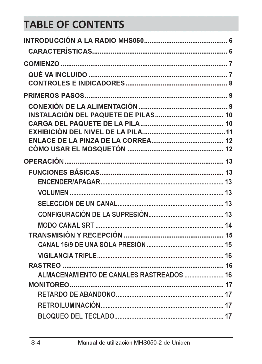 Uniden MHS050-2 owner manual Table of Contents 