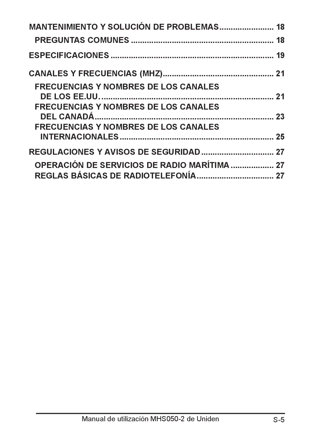 Uniden MHS050-2 owner manual Especificaciones Canales Y Frecuencias MHZ 