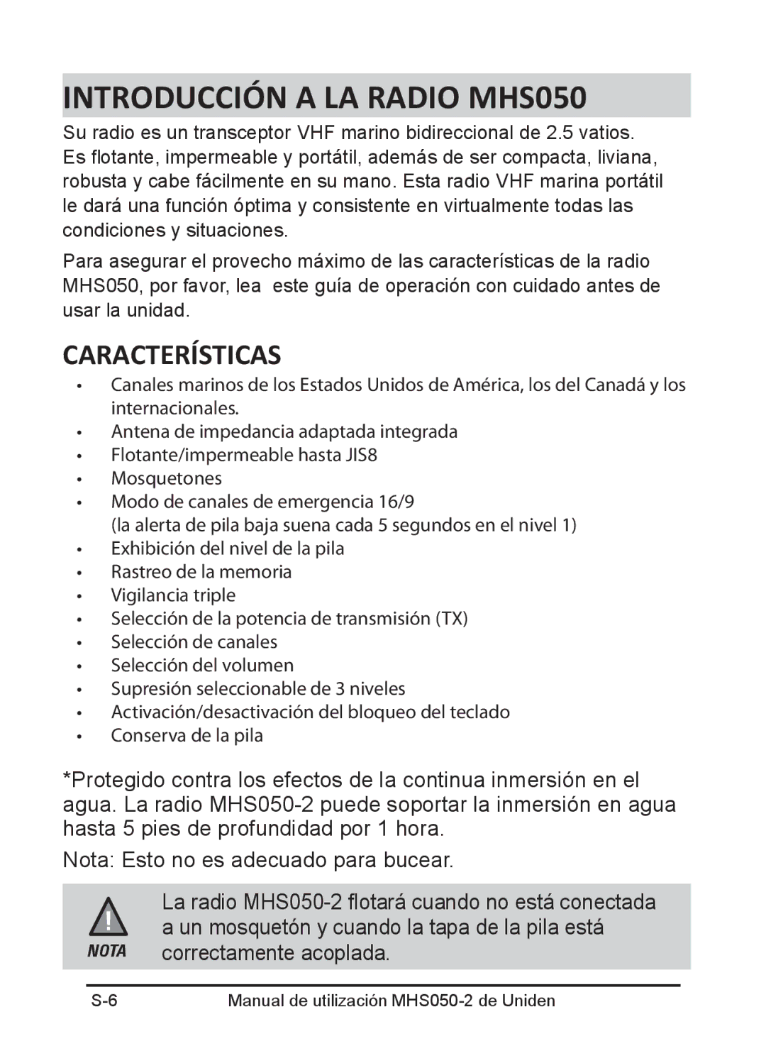 Uniden MHS050-2 owner manual Introducción a LA Radio MHS050, Características 