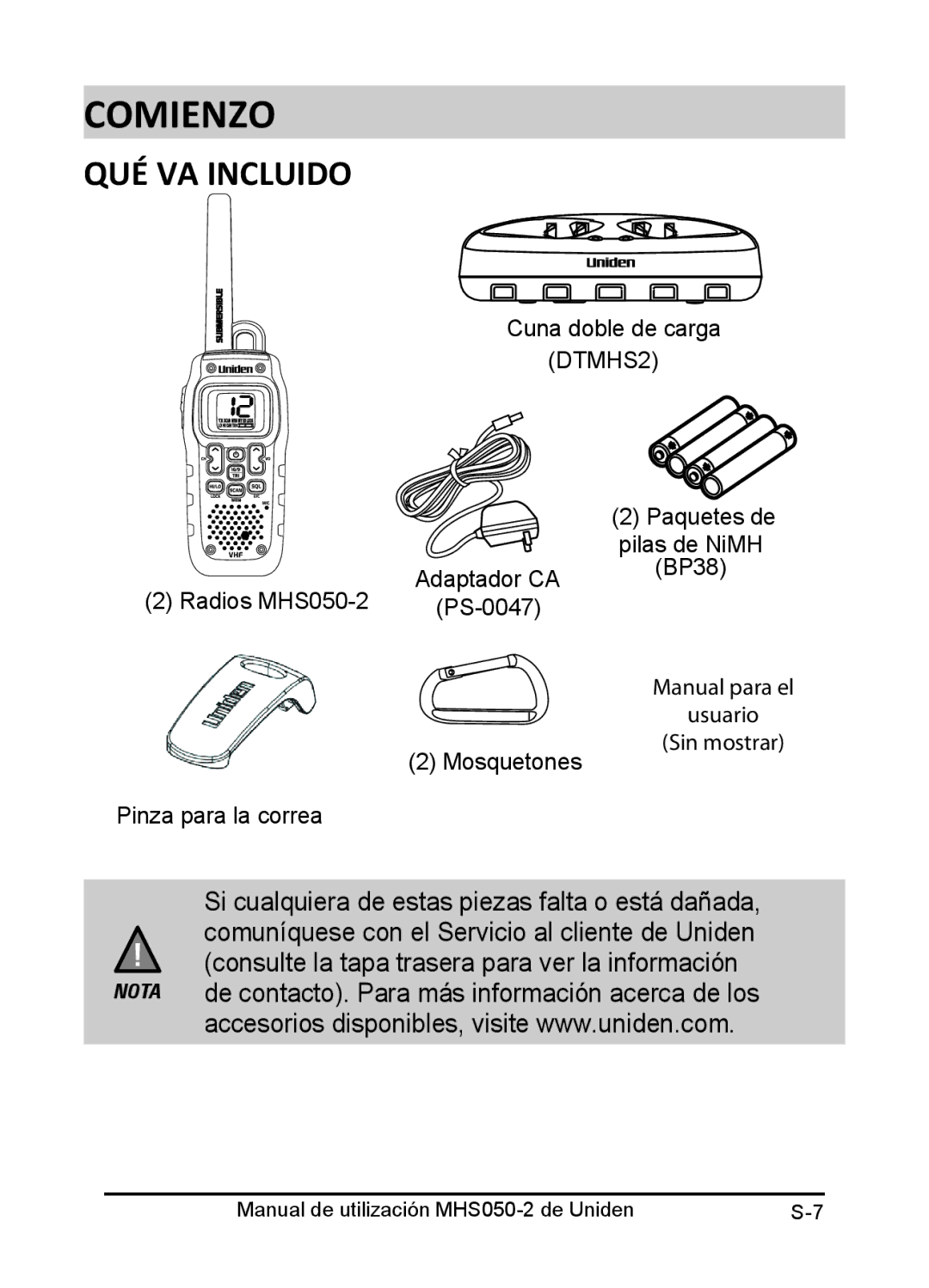 Uniden MHS050-2 owner manual Comienzo, QUÉ VA Incluido 