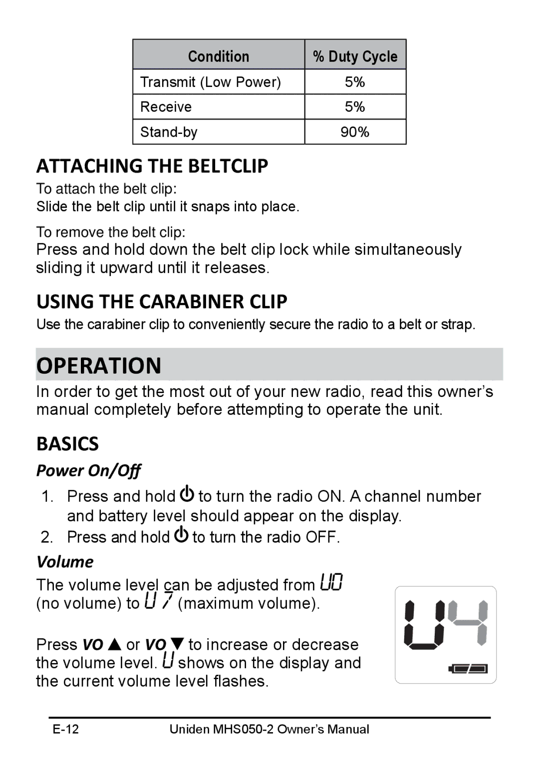 Uniden MHS050-2 owner manual Operation, Attaching the Beltclip, Using the Carabiner Clip, Power On/Off, Volume 