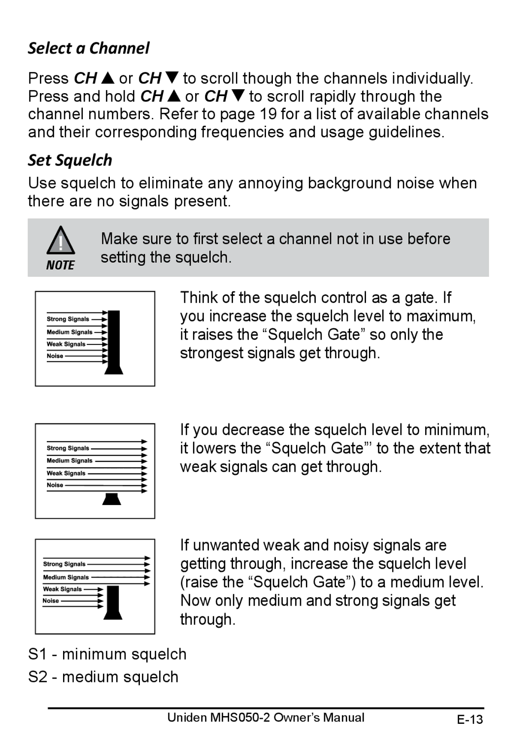 Uniden MHS050-2 owner manual Select a Channel, Set Squelch 