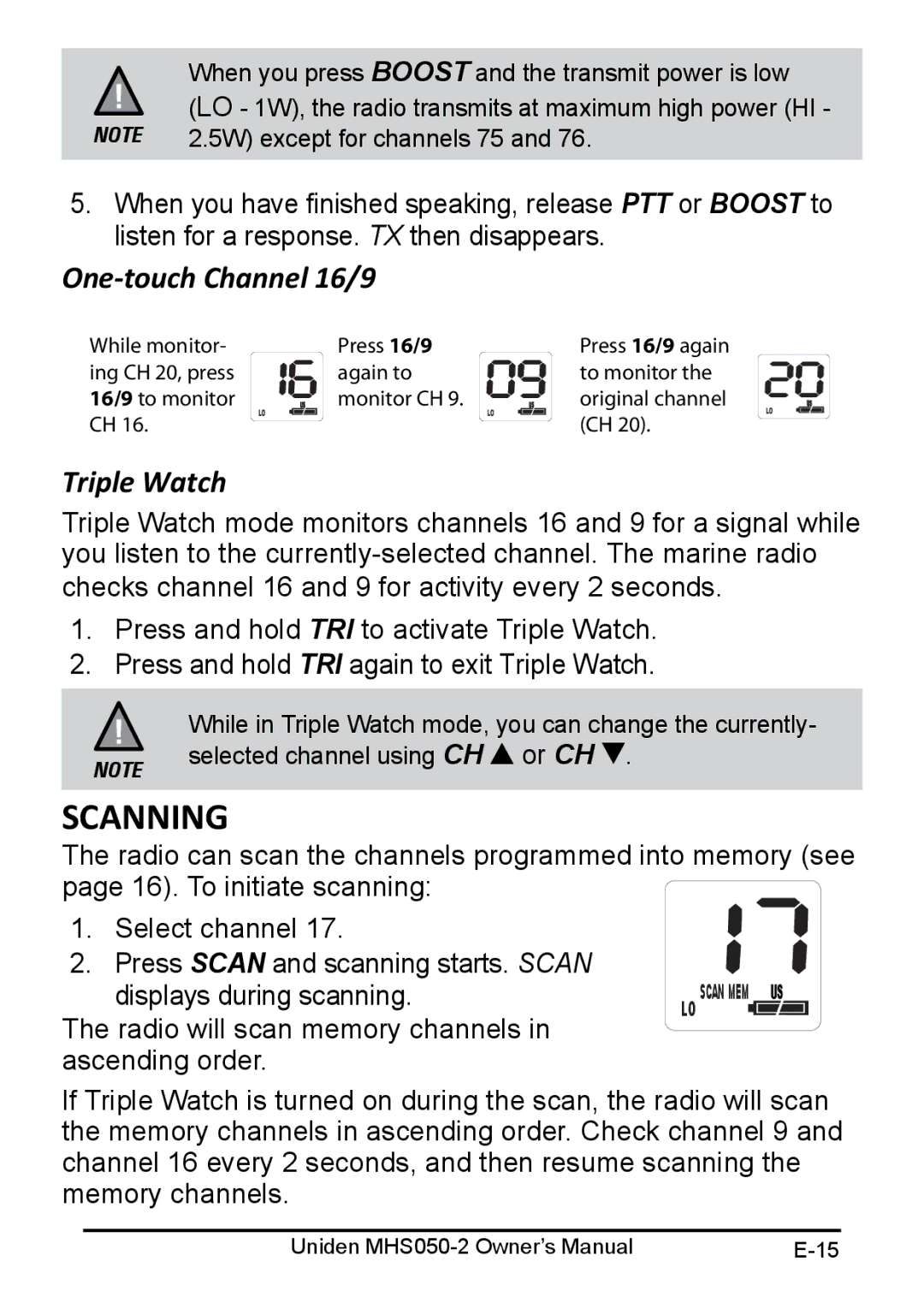 Uniden MHS050-2 owner manual Scanning, One-touch Channel 16/9, Triple Watch 