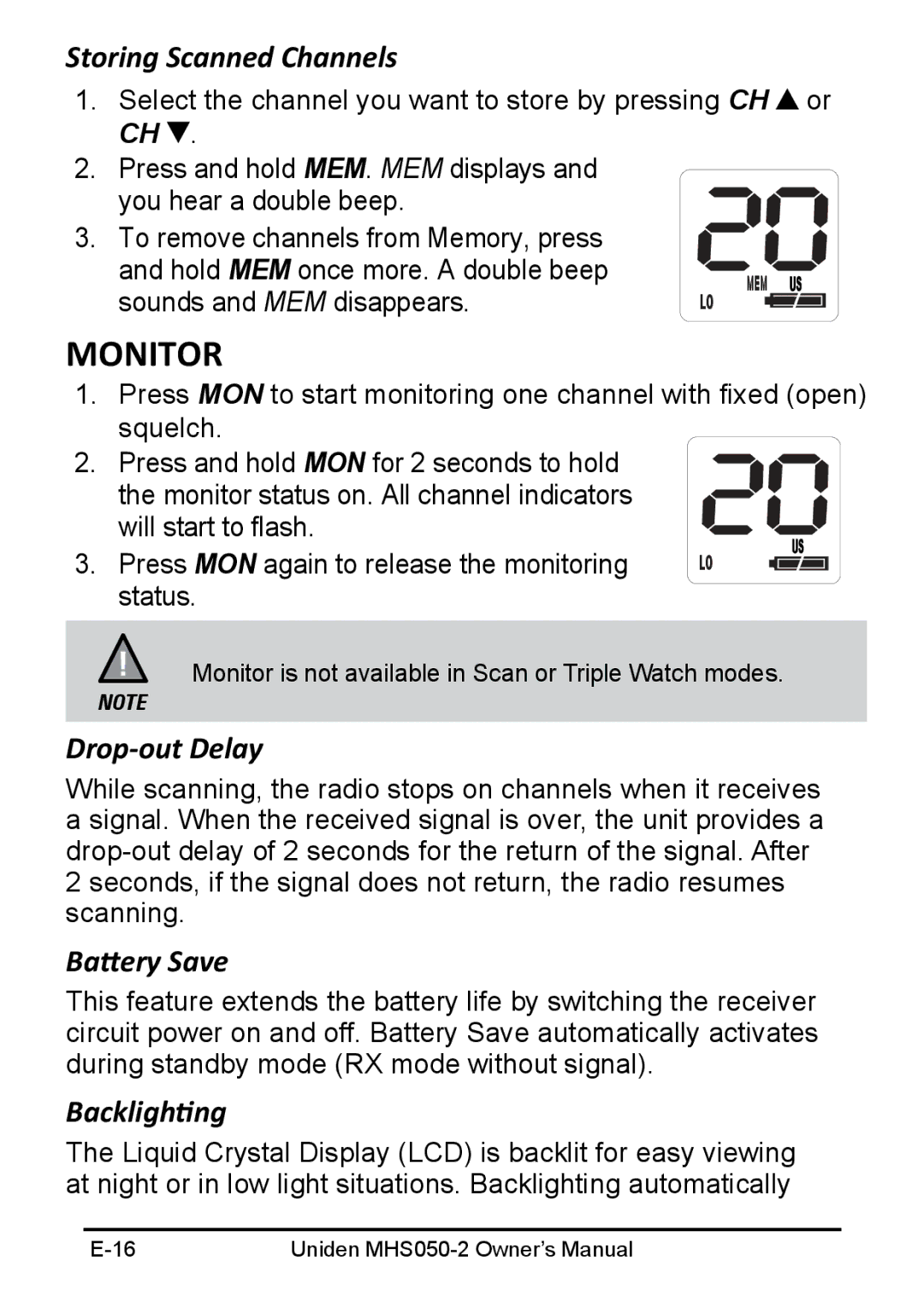 Uniden MHS050-2 owner manual Monitor, Storing Scanned Channels, Drop-out Delay, Battery Save, Backlighting 