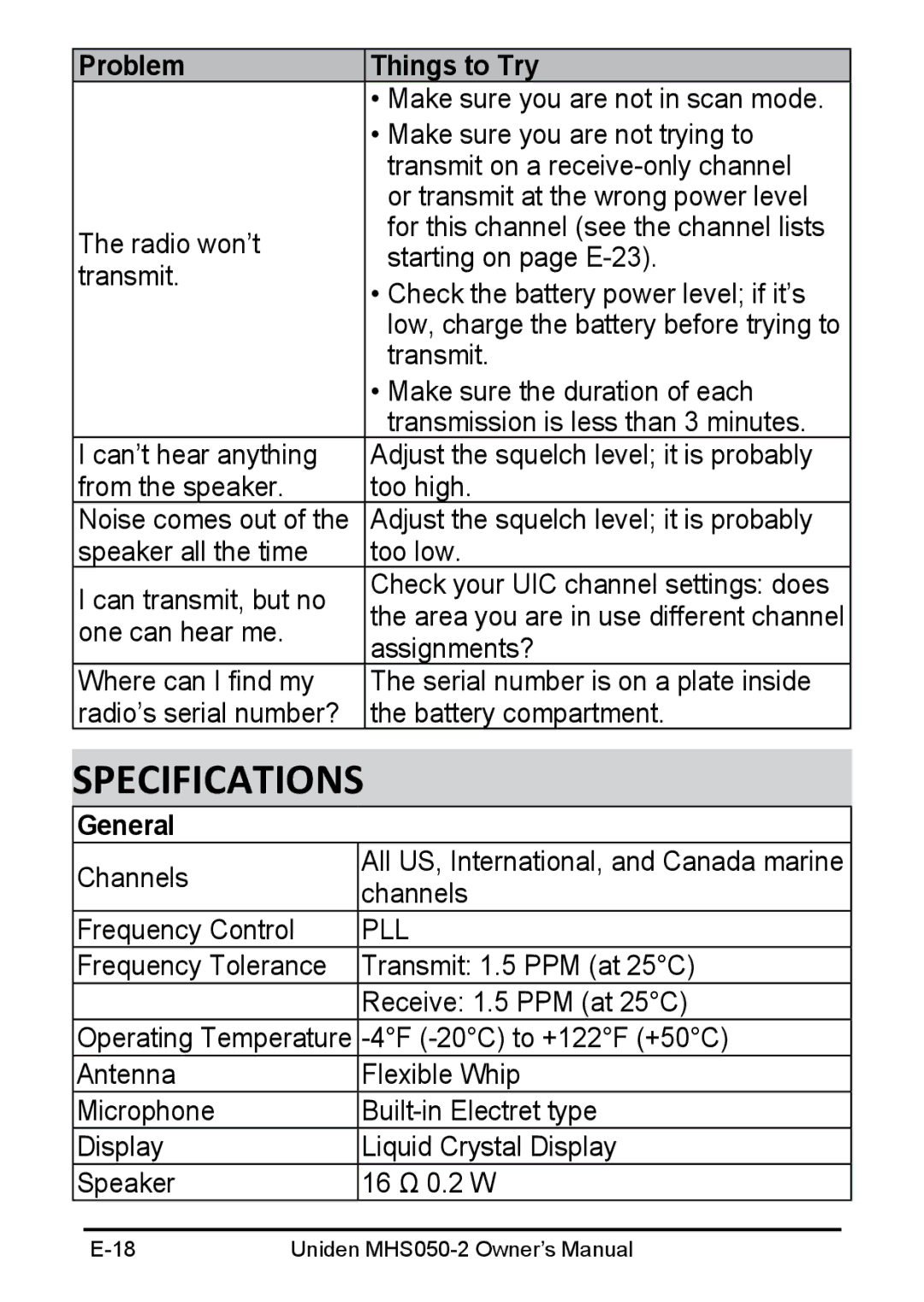 Uniden MHS050-2 owner manual Specifications, Problem Things to Try, General 