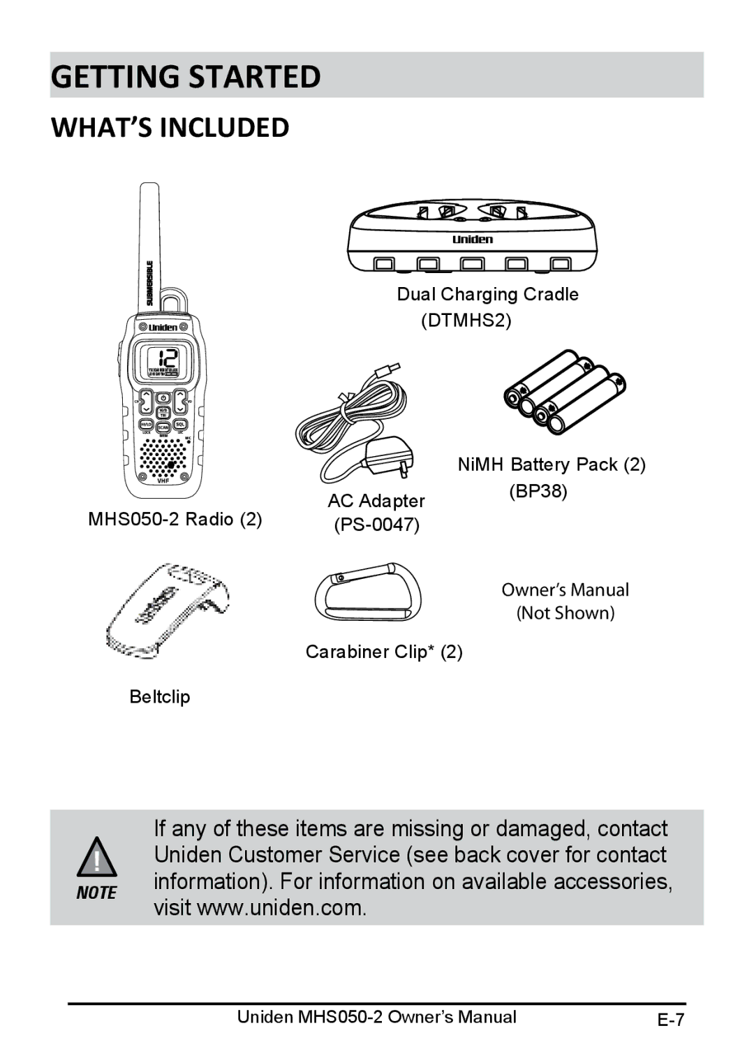 Uniden MHS050-2 owner manual Getting Started, What’s Included 