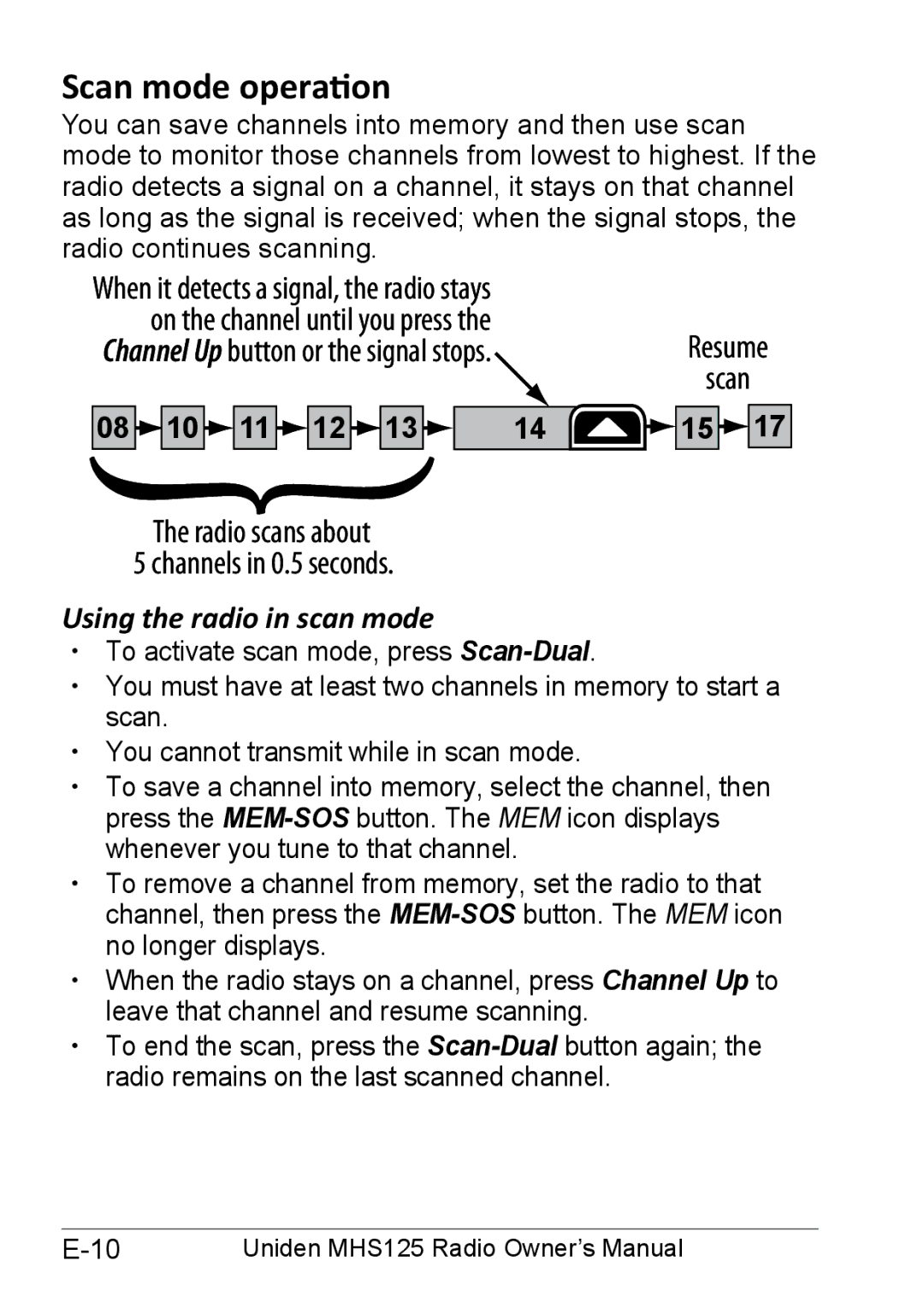 Uniden MHS125 owner manual Scan mode operation, Using the radio in scan mode, 08 10 11 