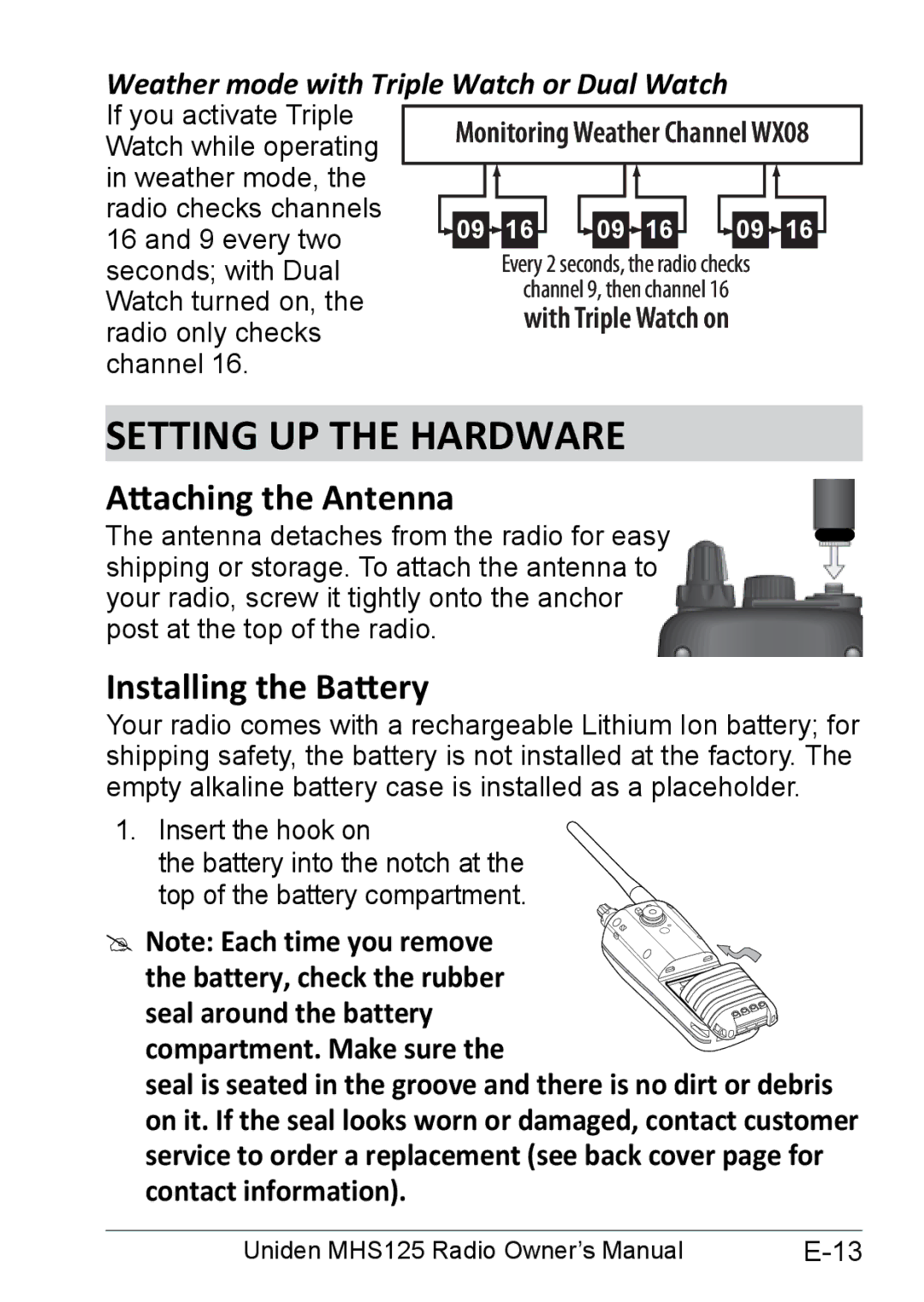 Uniden MHS125 owner manual Setting Up the Hardware, Attaching the Antenna, Installing the Battery 