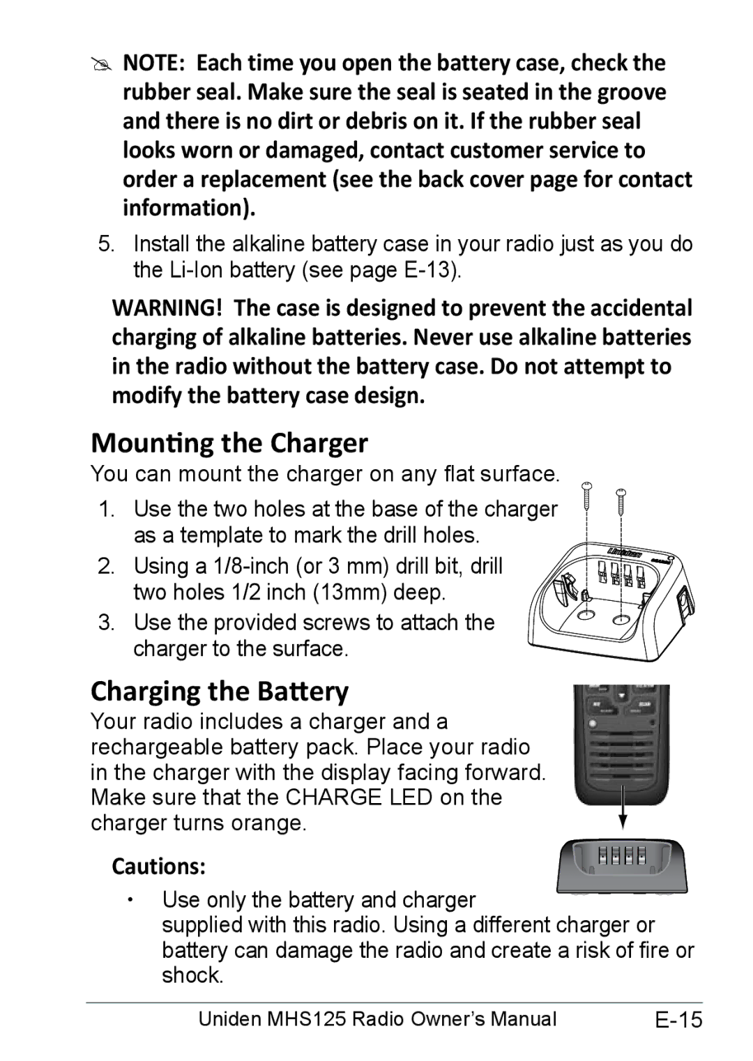 Uniden MHS125 owner manual Mounting the Charger, Charging the Battery 