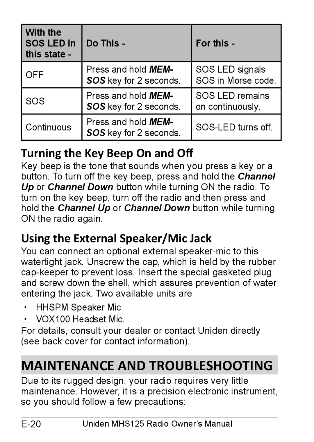 Uniden MHS125 Maintenance and Troubleshooting, Turning the Key Beep On and Off, Using the External Speaker/Mic Jack 