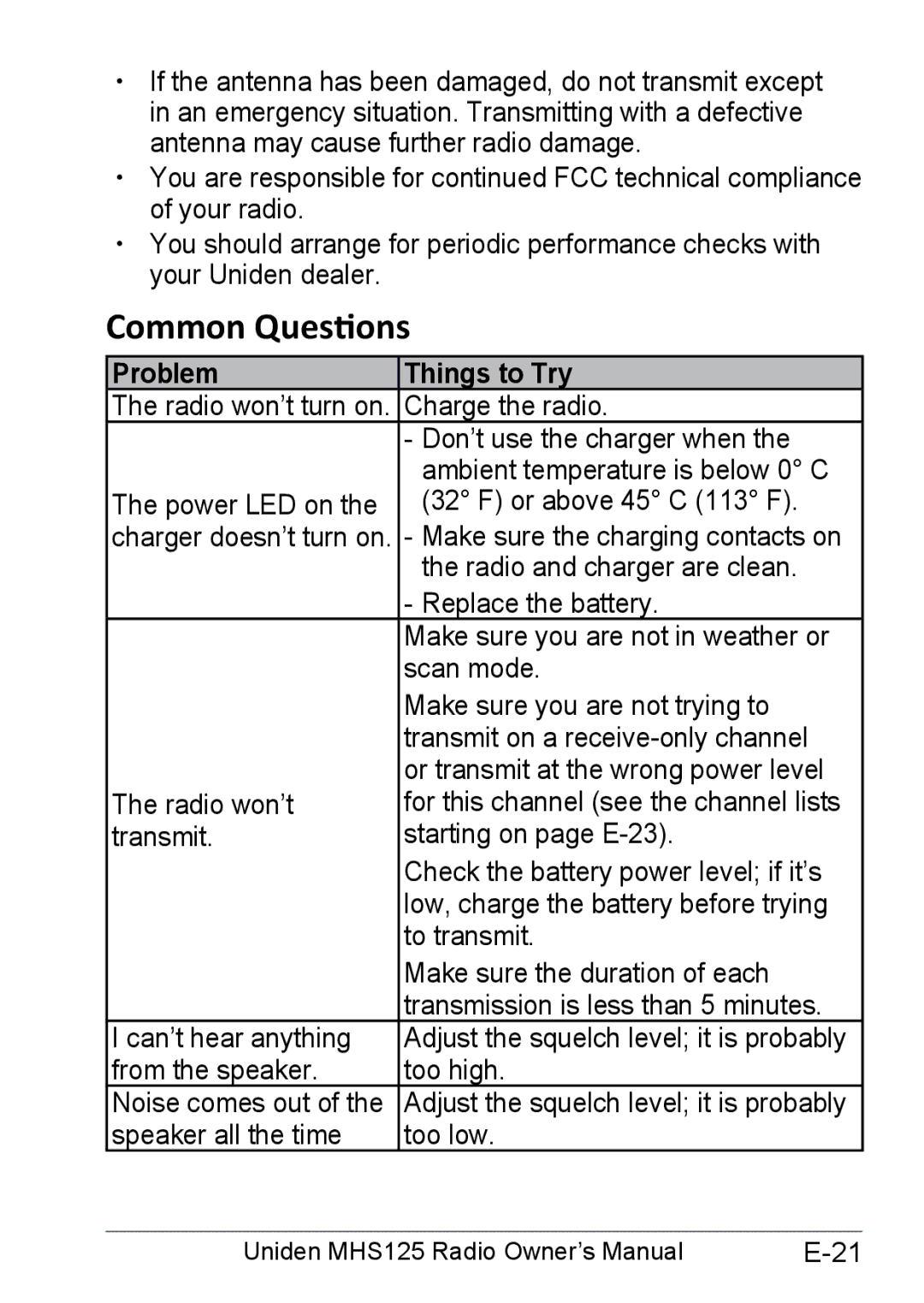 Uniden MHS125 owner manual Common Questions, Problem 